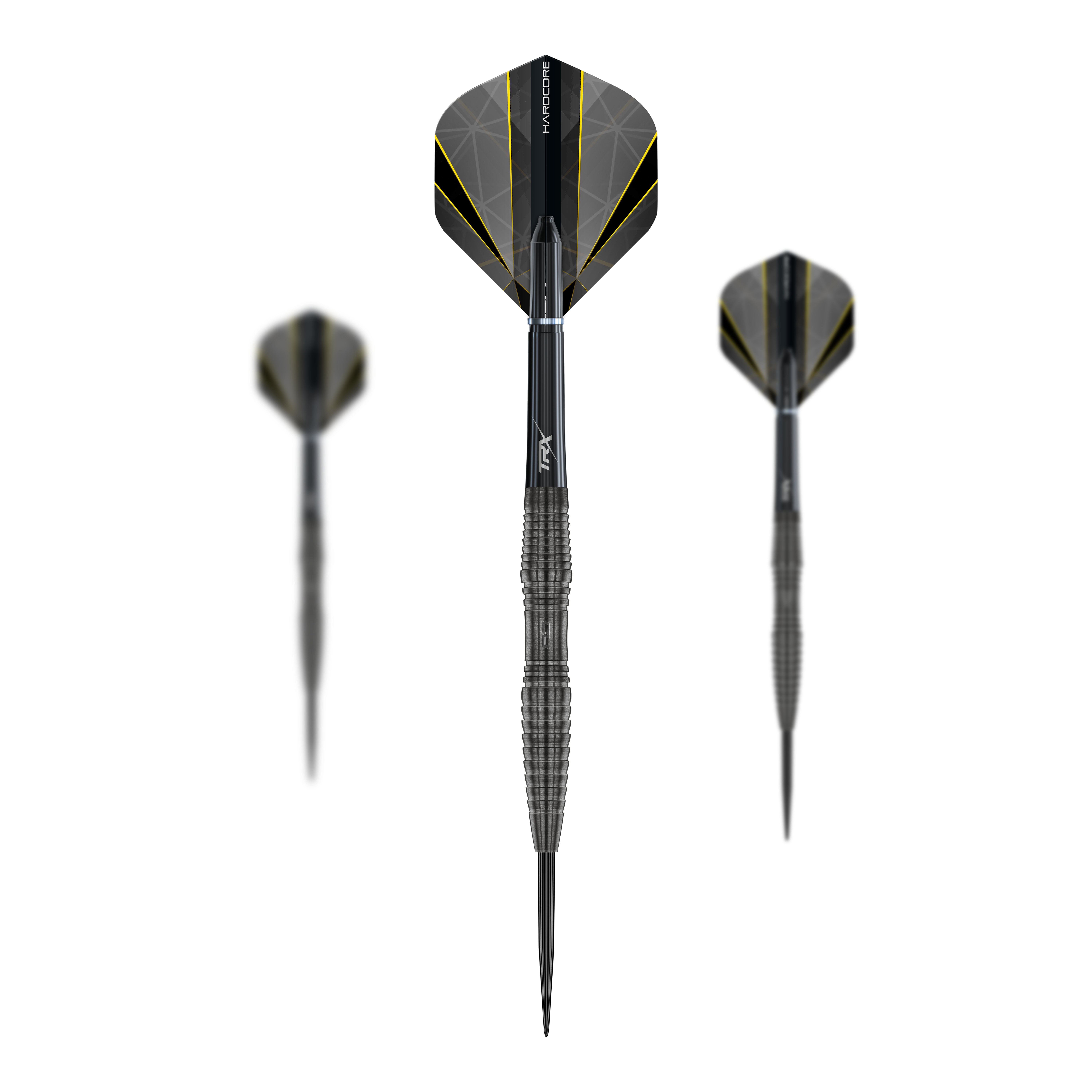 Ocelové šipky Red Dragon Seren 3 Onyx Das Bild zeigt drei Steeldarts des Modells "Red Dragon Seren 3 Onyx". Die Darts haben ein schwarz-gelbes Design und sind mit geriffeltem Griff versehen.