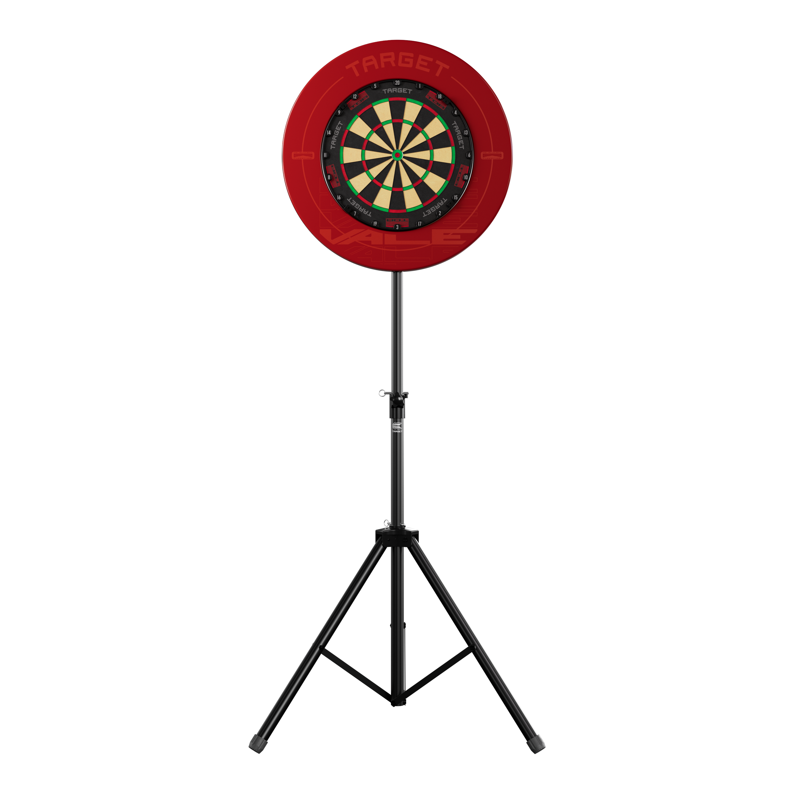 Stojan na terč Target Das Bild zeigt einen Dartboard-Ständer mit einer roten Umrandung und einer klassischen Dartscheibe. Der Ständer steht stabil auf drei Beinen und trägt das Produkt "Target Dartboard Stand".