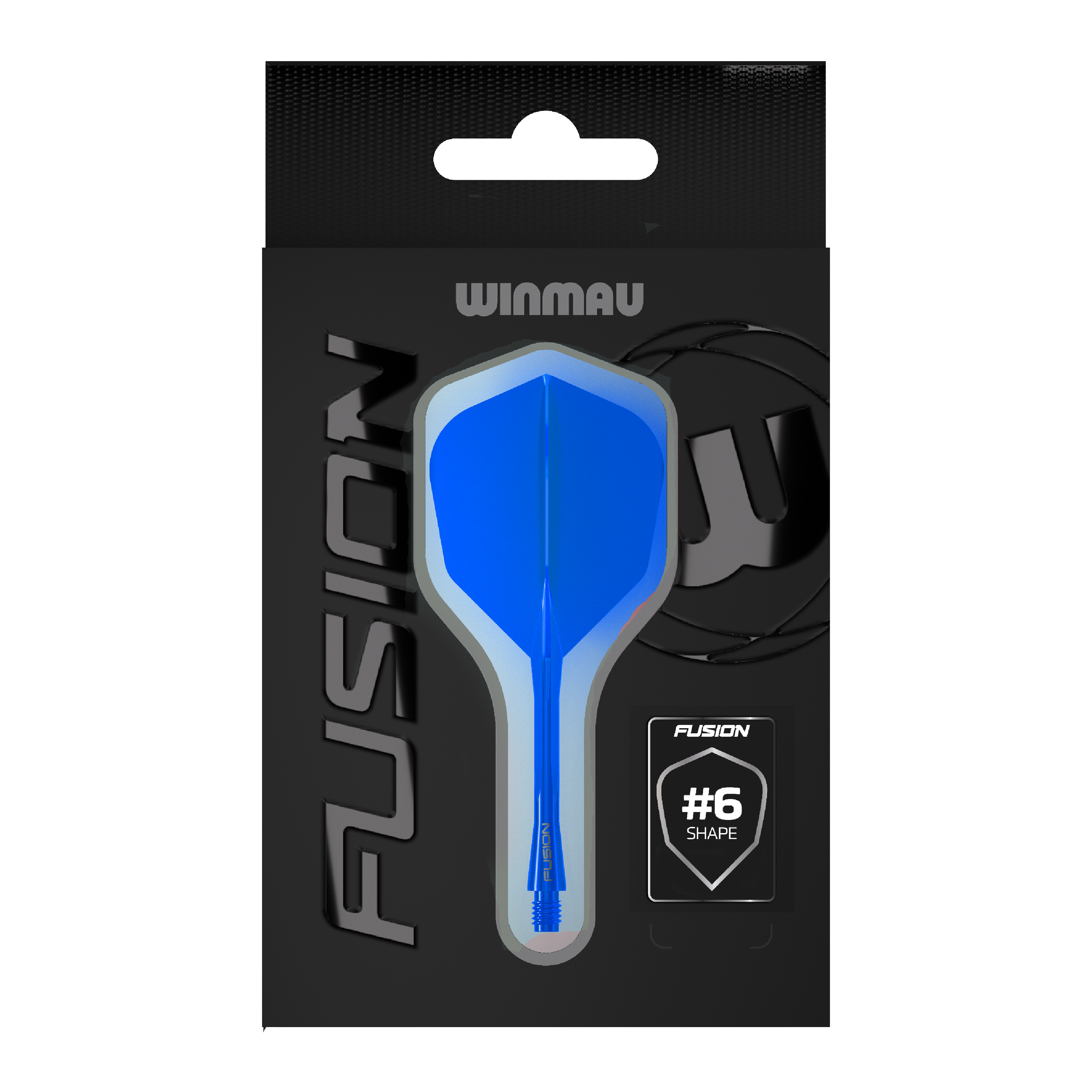 Auf dem Bild befindet sich das Winmau Fusion Flight-Shaft-System No6 in Blau. Dieses Accessoire wird für das Dartspiel verwendet.