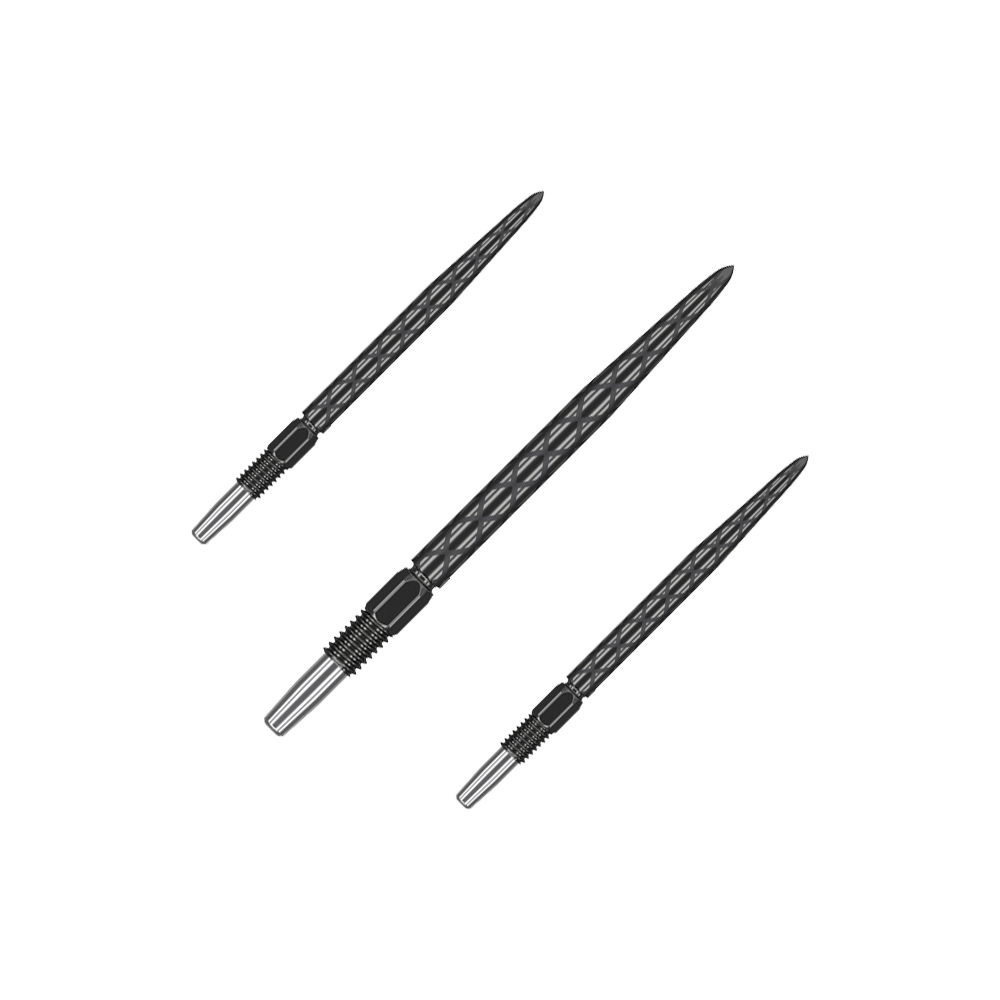 Zaměřte hroty šipek Swiss Diamond Pro Black Points Auf dem Bild sind drei schwarze Dartspitzen mit Diamantmuster zu sehen. Sie haben ein silberfarbenes Gewinde am Ende zum Befestigen an einem Dartpfeil.