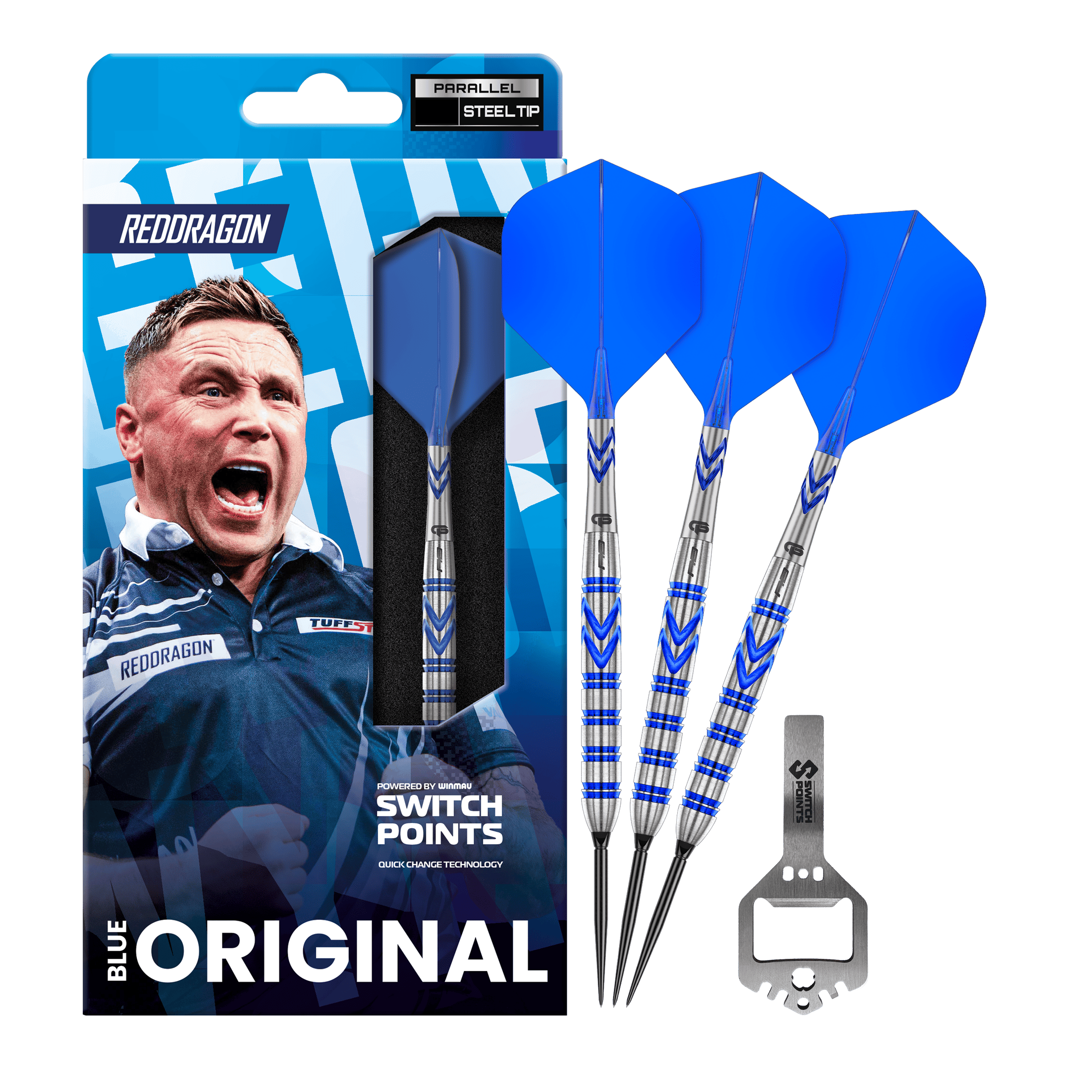 Ocelové šipky Red Dragon Gerwyn Price Blue Original Switch Point Das Bild zeigt die Red Dragon Gerwyn Price Blue Original Switch Point Steeldarts. Es handelt sich um hochwertige Steeldarts mit blauem Design.