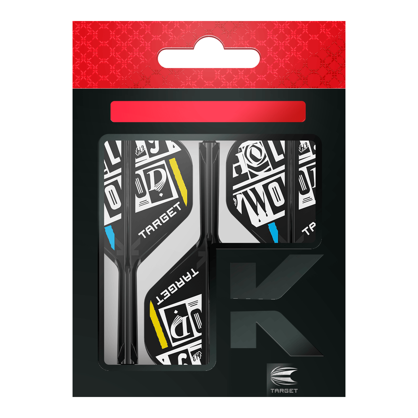 Systém standardní letové hřídele Target K-Flex Chris Dobey No2 Das Bild zeigt eine Packung der "Target K-Flex Chris Dobey No2 Standard Flights". Die Flights sind schwarz-weiß mit gelben und blauen Akzenten gestaltet und befinden sich in einer schwarzen Verpackung mit rotem Aufhänger.