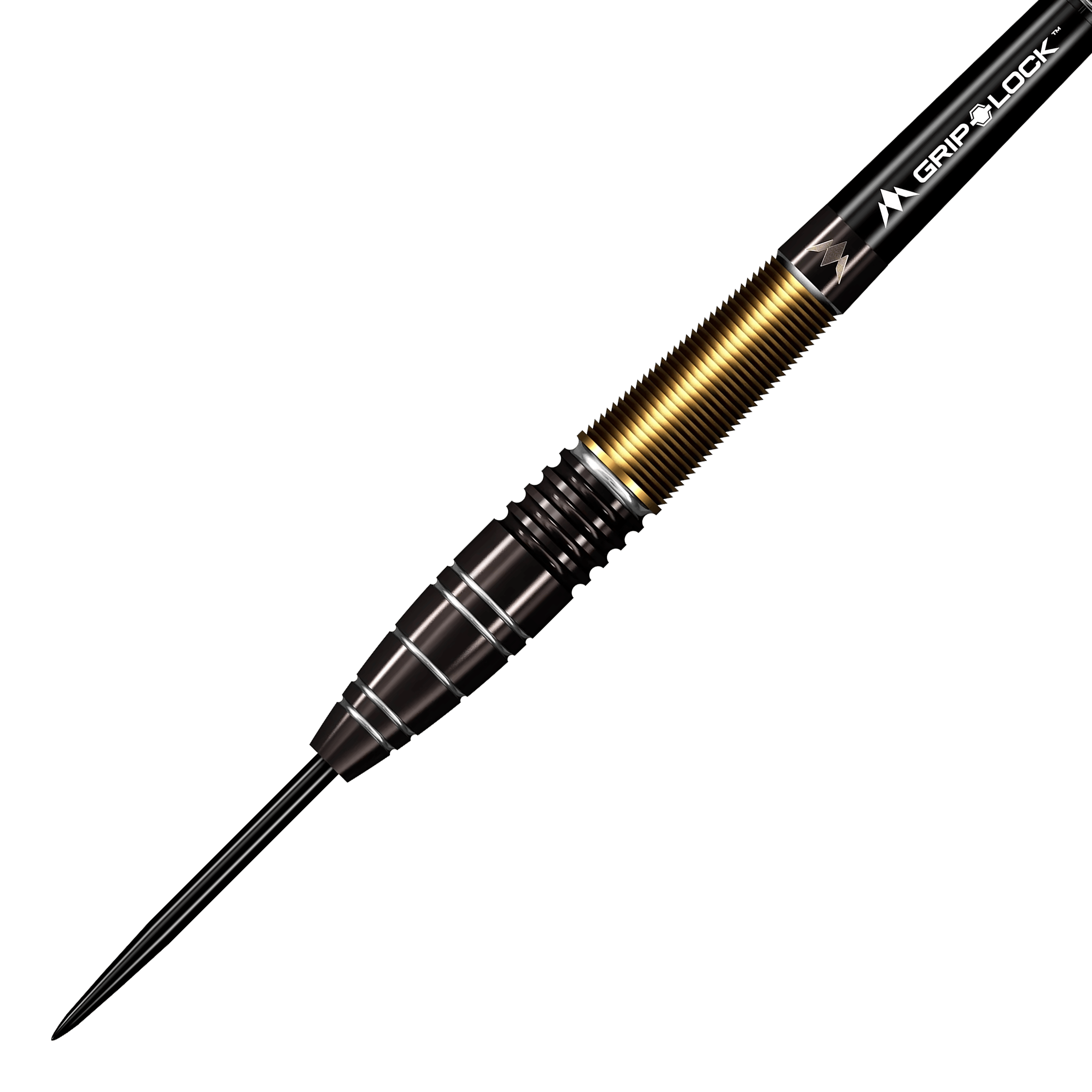 Ocelové šipky Mission Crypt Model 1 - 22g Das Bild zeigt einen Mission Crypt Model 1 Steeldart mit einem Gewicht von 22g. Der Dart hat ein elegantes Design mit schwarzen und goldenen Akzenten.