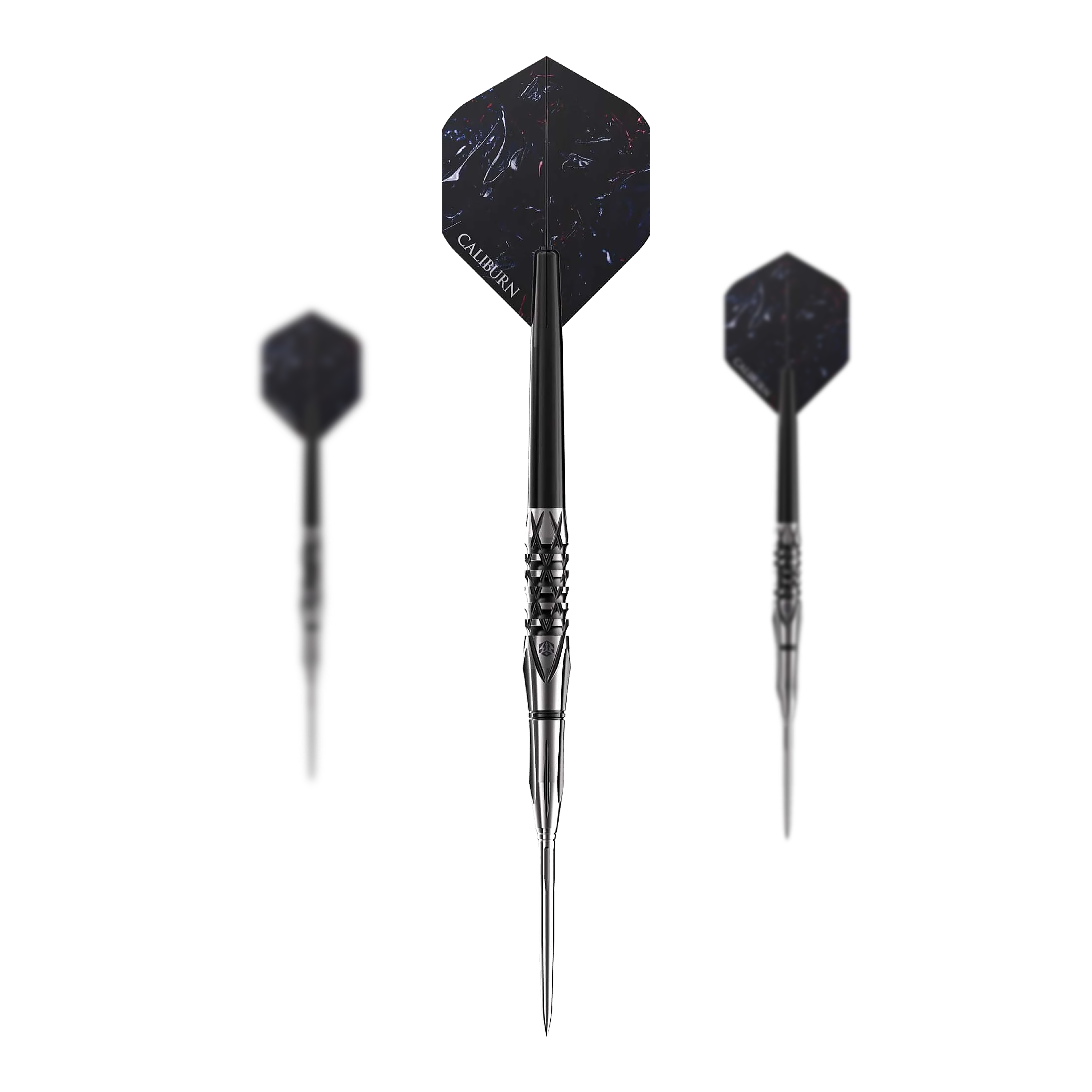 Das Bild zeigt drei Steeldarts des Produkts "Caliburn Sword S4". Die Darts sind schwarz-silbern und haben ein elegantes, modernes Design.