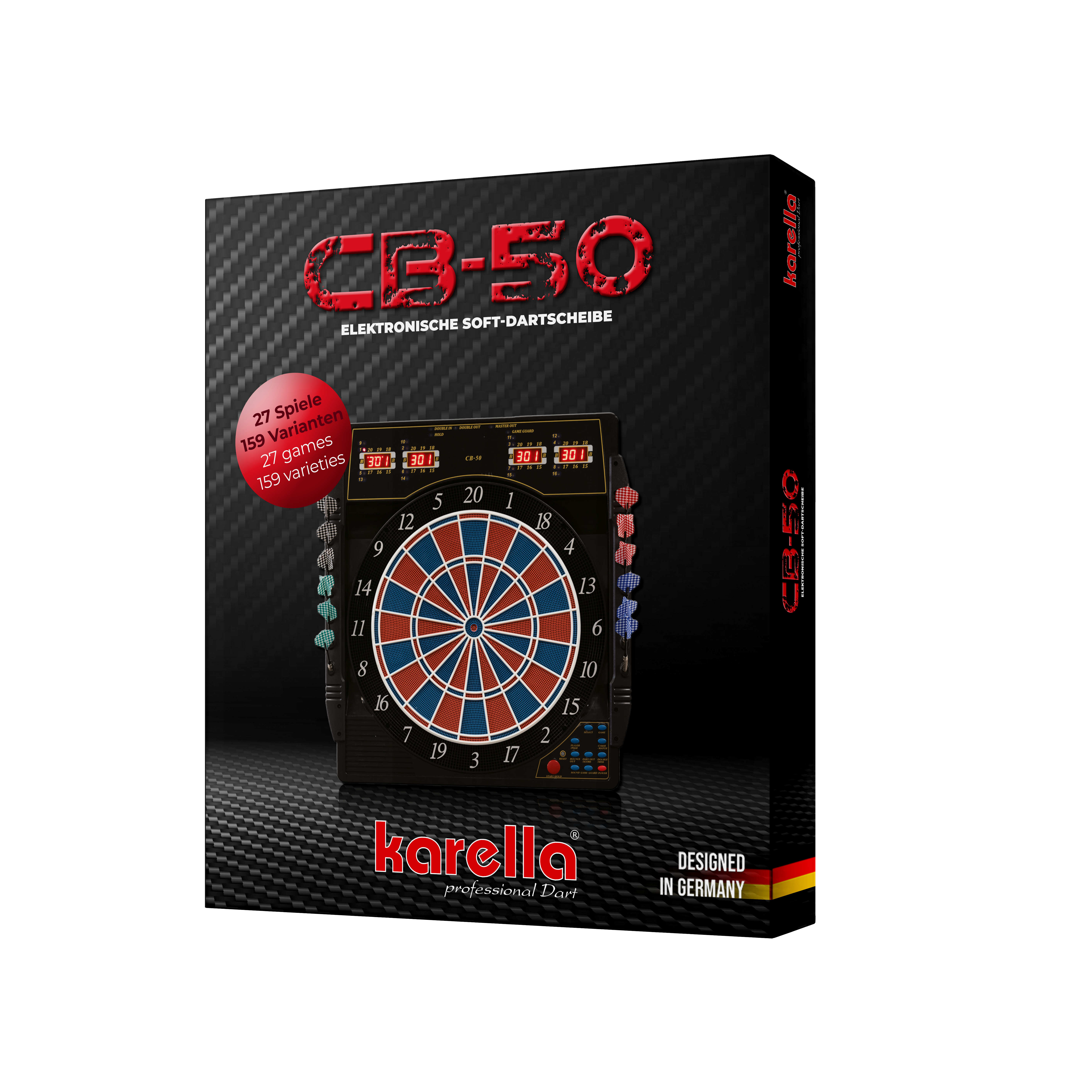 Die Abbildung zeigt die Produktverpackung der elektronischen Dartscheibe Karella CB 50 Turnierausführung. Auf der Verpackung sind Informationen wie „27 Spiele, 159 Varianten“ und „Designed in Germany“ zu sehen.
