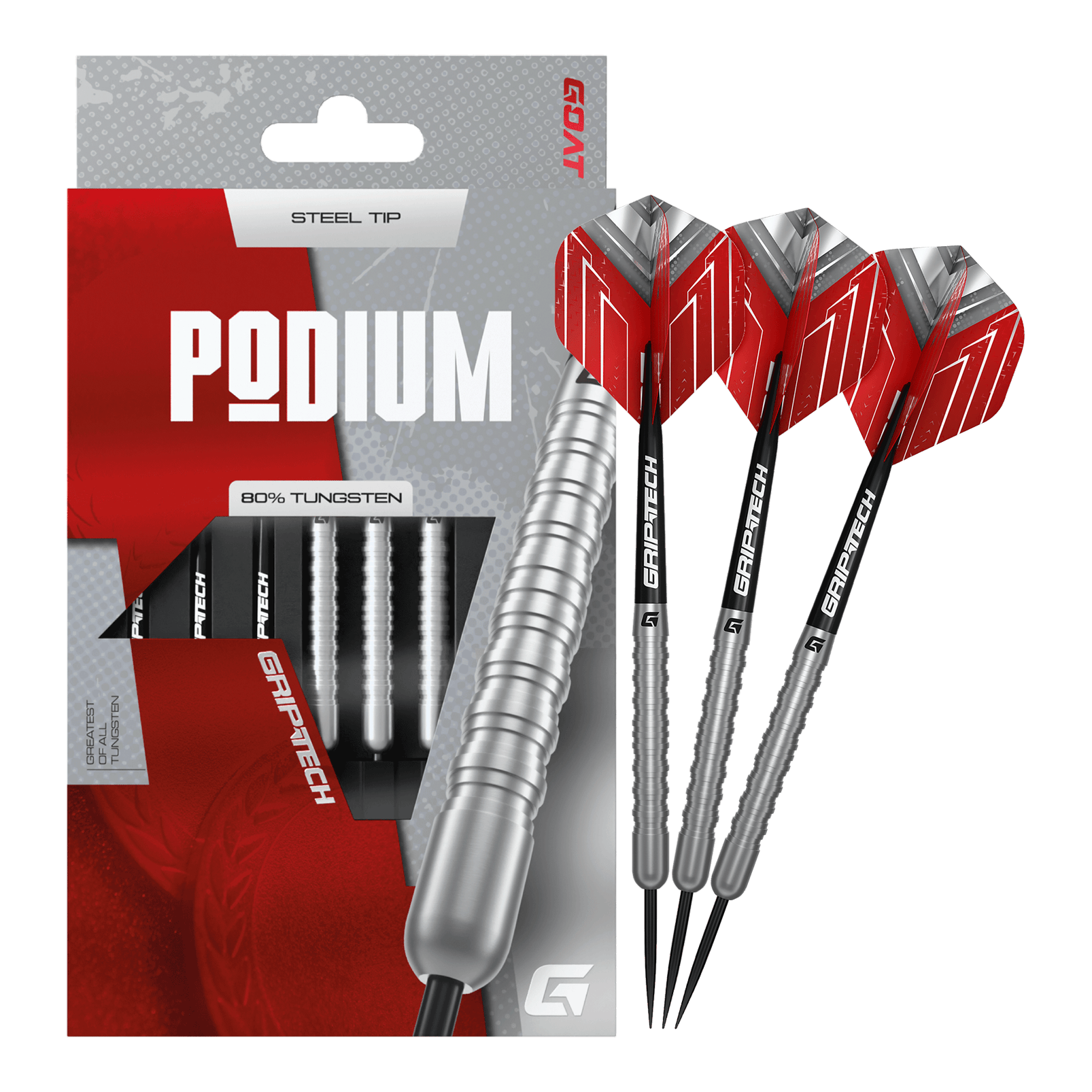 Hier sieht man die GOAT Podium Silver Steeldarts als Komplettansicht. Die hochwertigen Darts sind silbern und detailreich abgebildet.