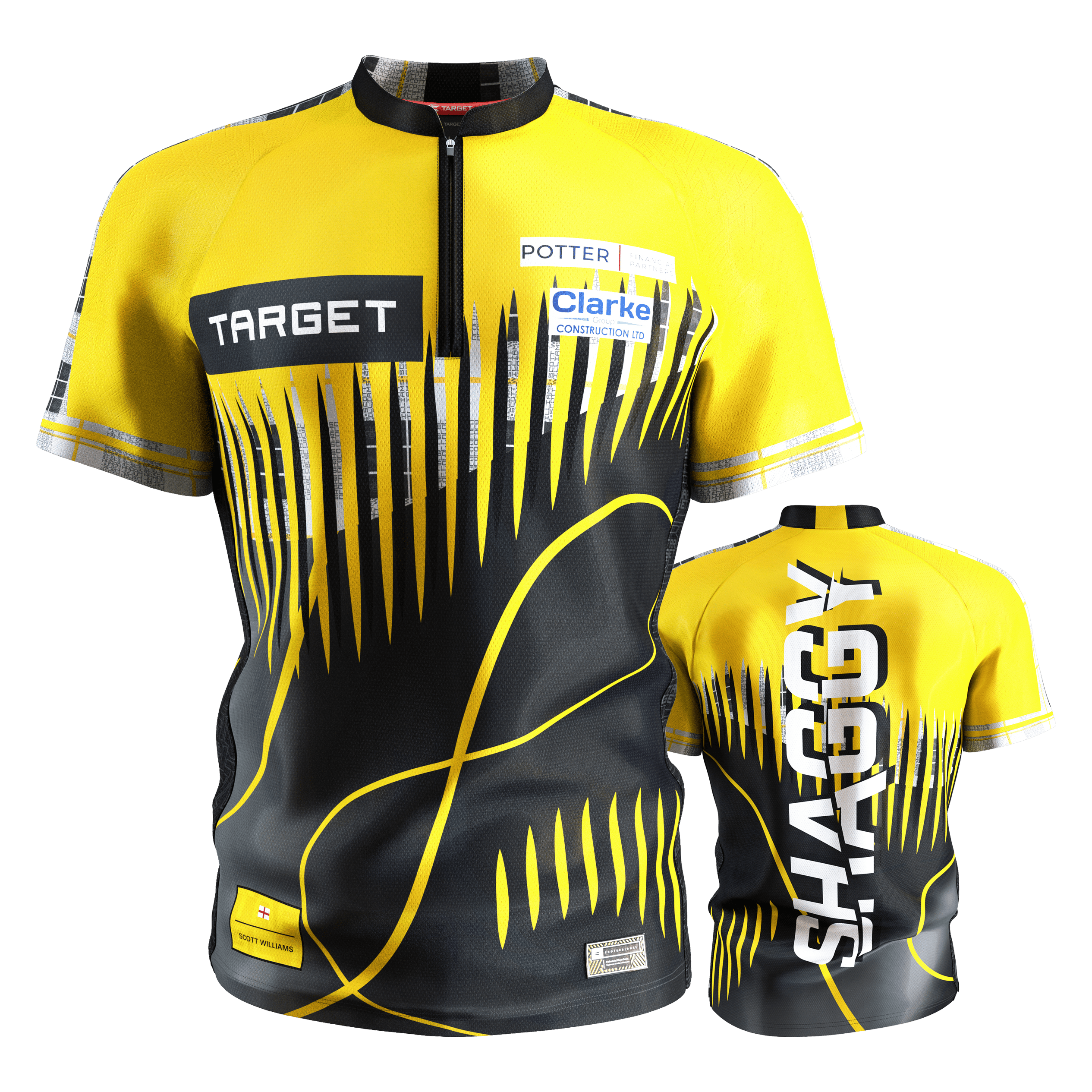 Tričko Target Coolplay Scott Williams 2025 s logem na šipky Das Bild zeigt das "Target Coolplay Scott Williams 2025 Dartshirt" in Gelb und Schwarz mit auffälligem Muster. Auf der Rückseite steht groß das Wort "SHAGGY".