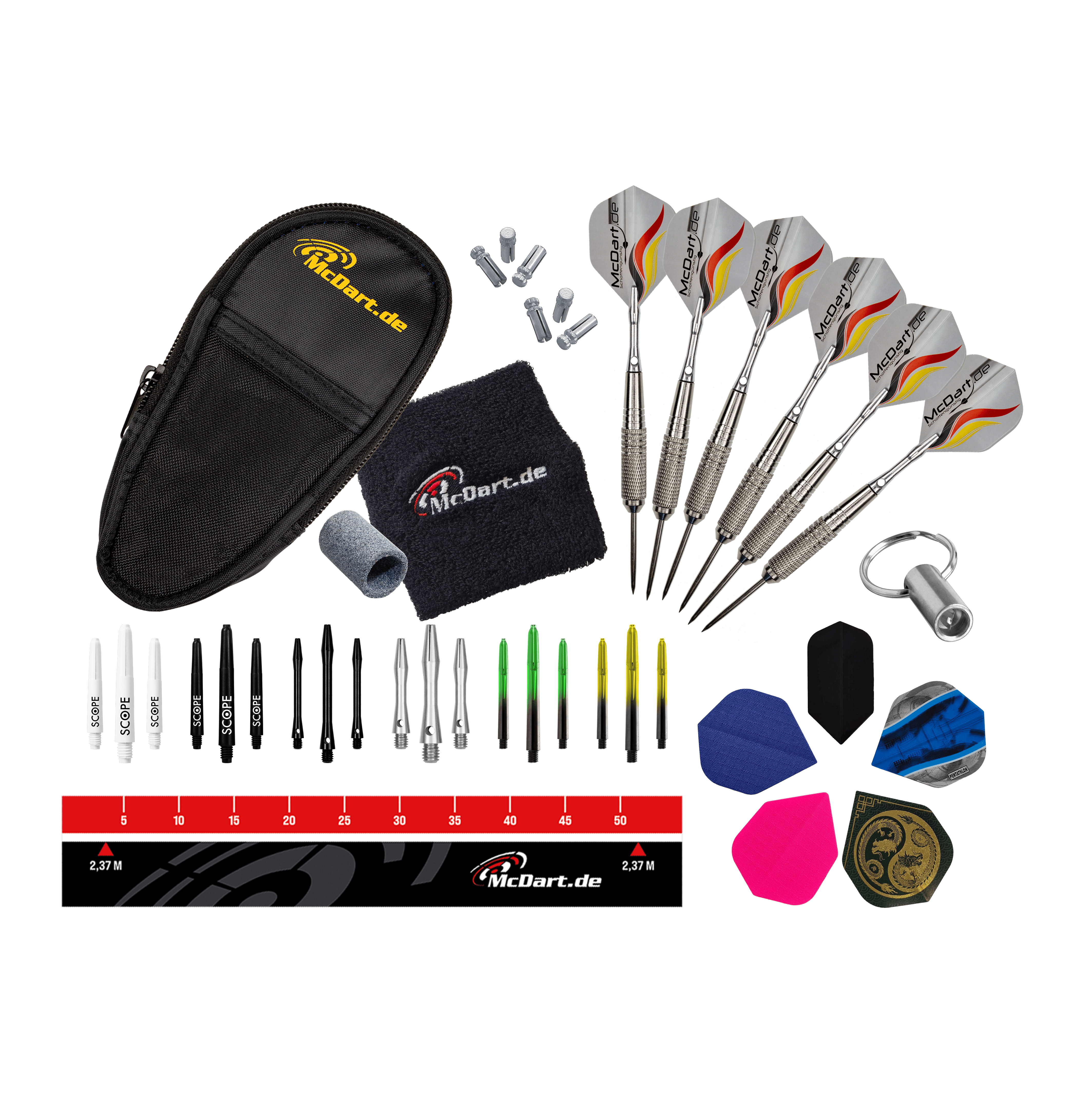 Das Bild zeigt das McDart Starterpack. Es handelt sich um ein Starterset für Dartspieler.