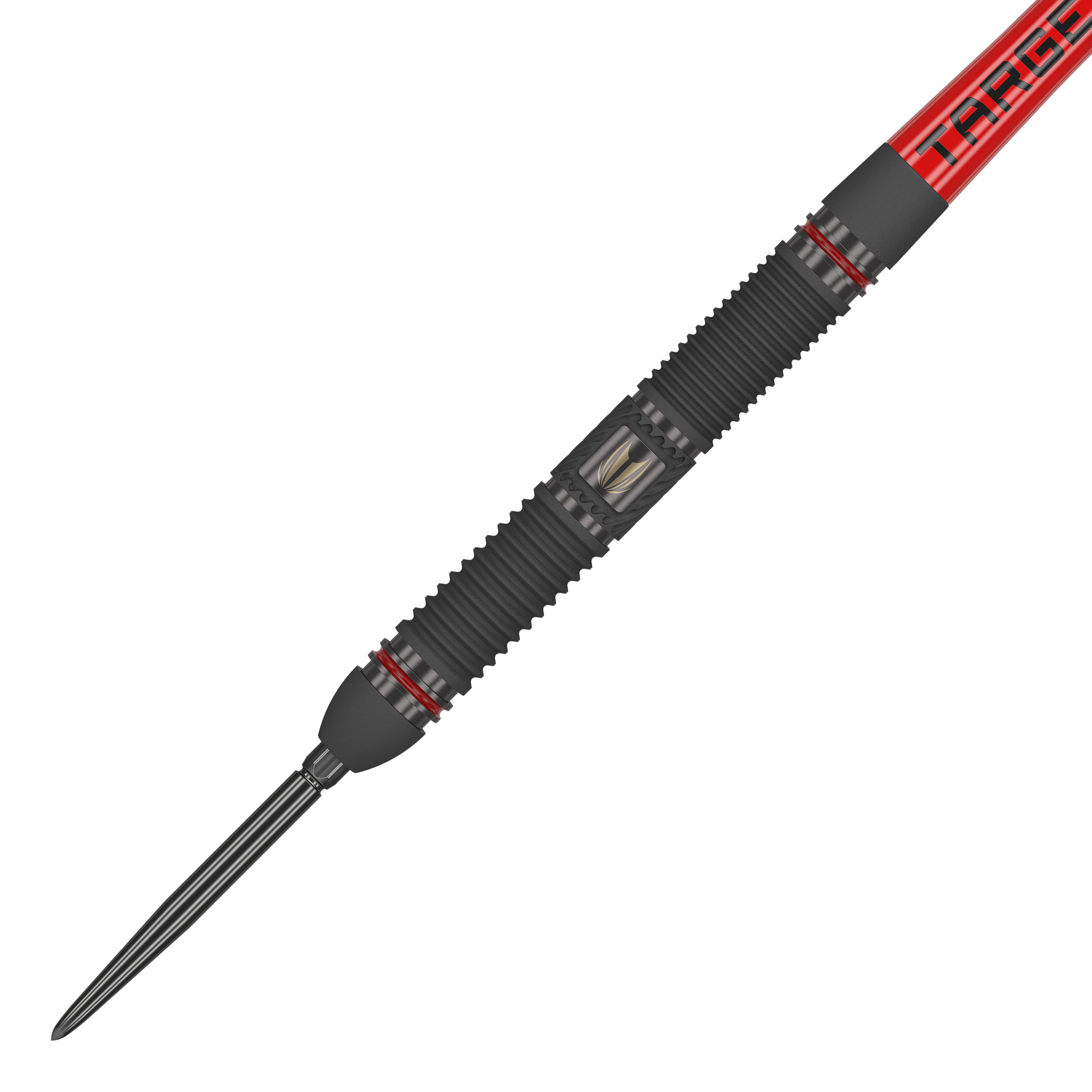 Ocelové šipky Target Scope 01 Swiss Point Das Bild zeigt einen Steeldart namens "Target Scope 01 Swiss Point". Der Dart hat ein schwarzes, geriffeltes Griffstück mit roten Akzenten und einer silbernen Spitze.