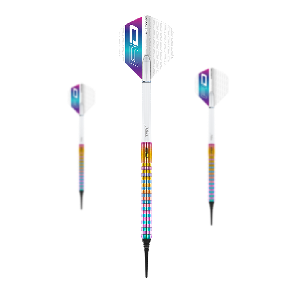 Šipky Red Dragon Javelin Spectron Soft - 20g Das Bild zeigt drei Softdarts des Modells "Red Dragon Javelin Spectron" mit einem Gewicht von 20g. Die Darts haben farbenfrohe Griffe und weiße Flights mit lila und blauer Verzierung.