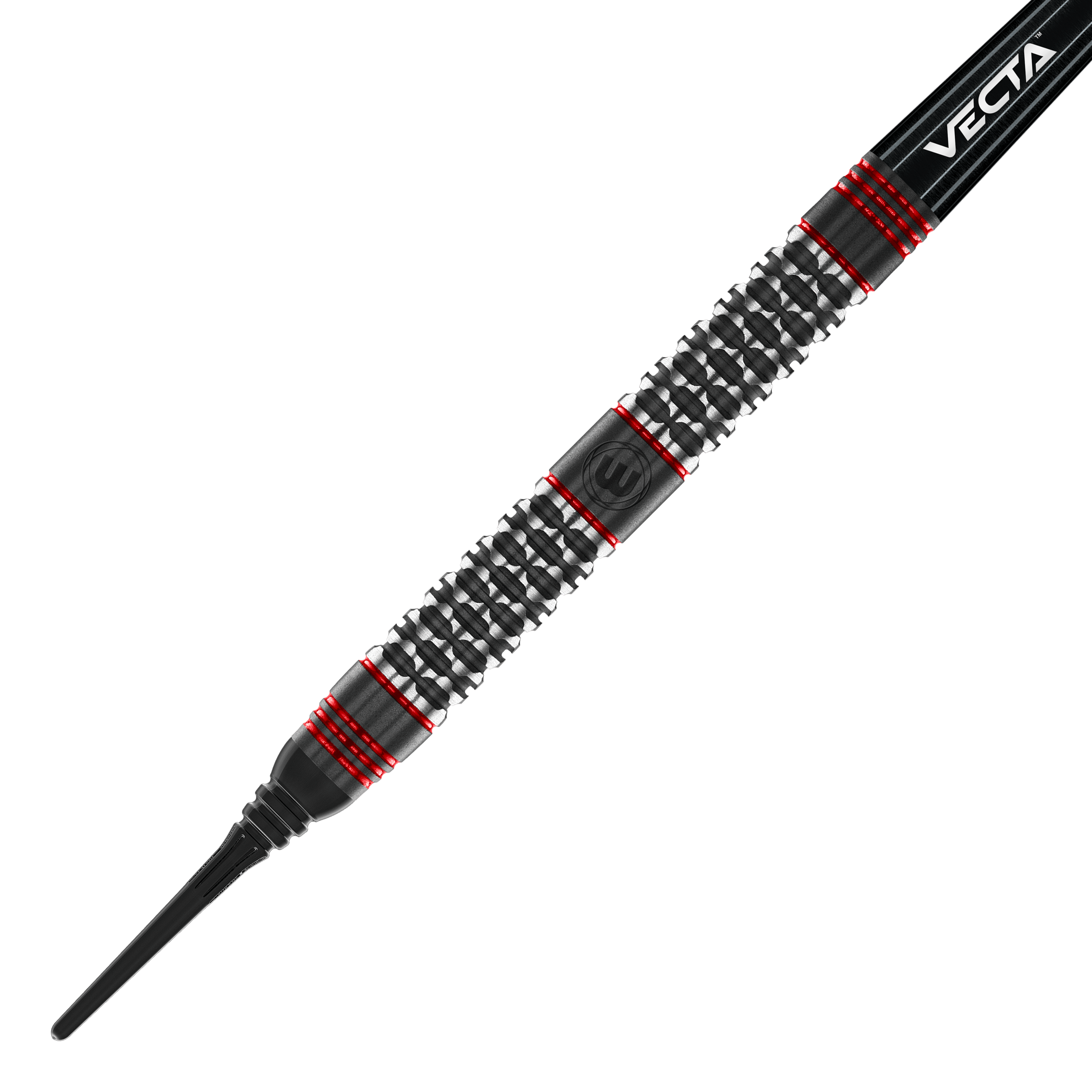 Šipky Winmau Cypher Softdarts - 20g Das Bild zeigt einen Winmau Cypher Softdart mit einem Gewicht von 20g. Der Dart hat ein schwarzes und silbernes Design mit roten Akzenten und einer strukturierten Griffzone.