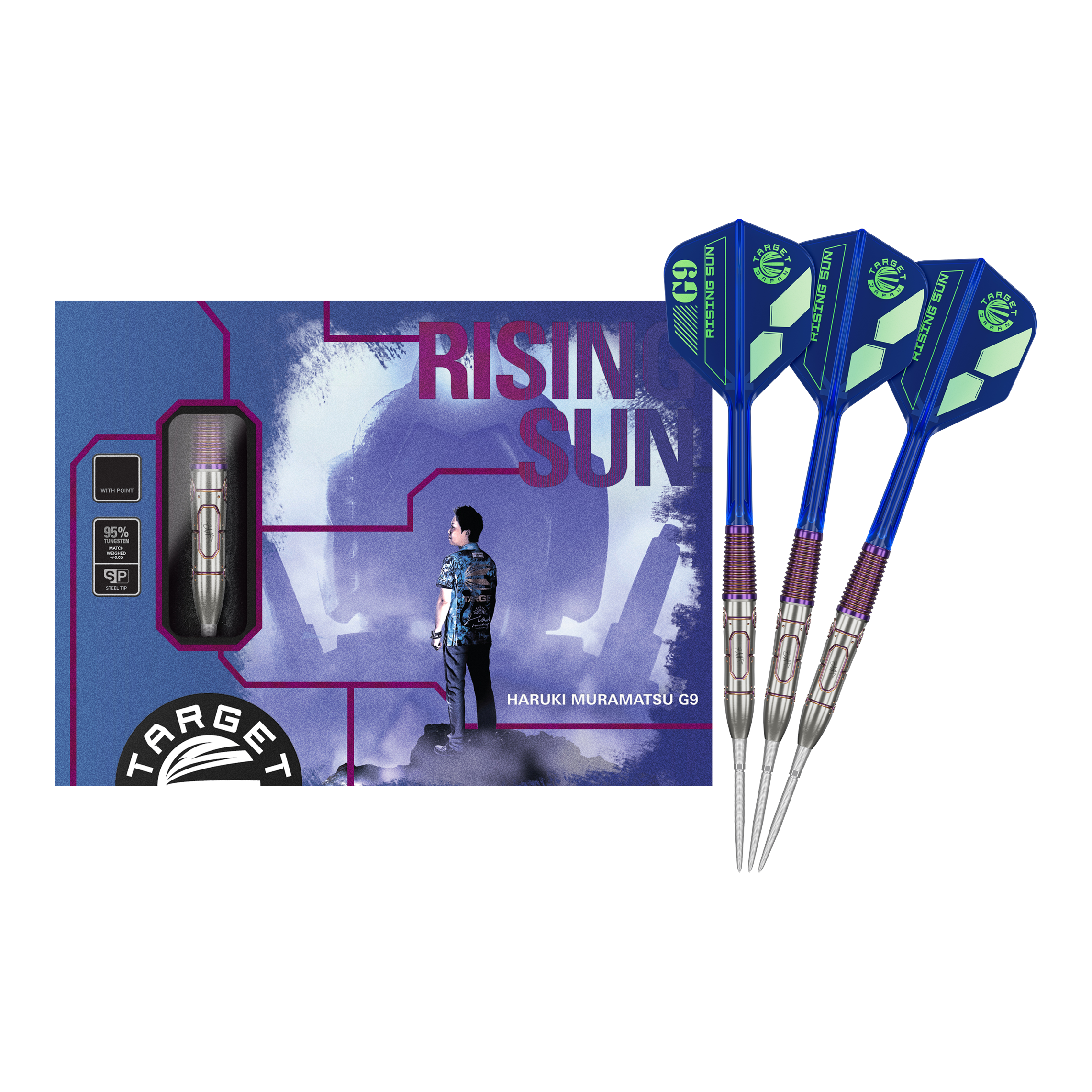 Das Bild zeigt das Produkt „Target Japan Haruki Muramatsu Rising Sun GEN9 Steeldarts - 23g“. Auf der Verpackung ist eine Person abgebildet, daneben sind drei blaue Steeldarts zu sehen.