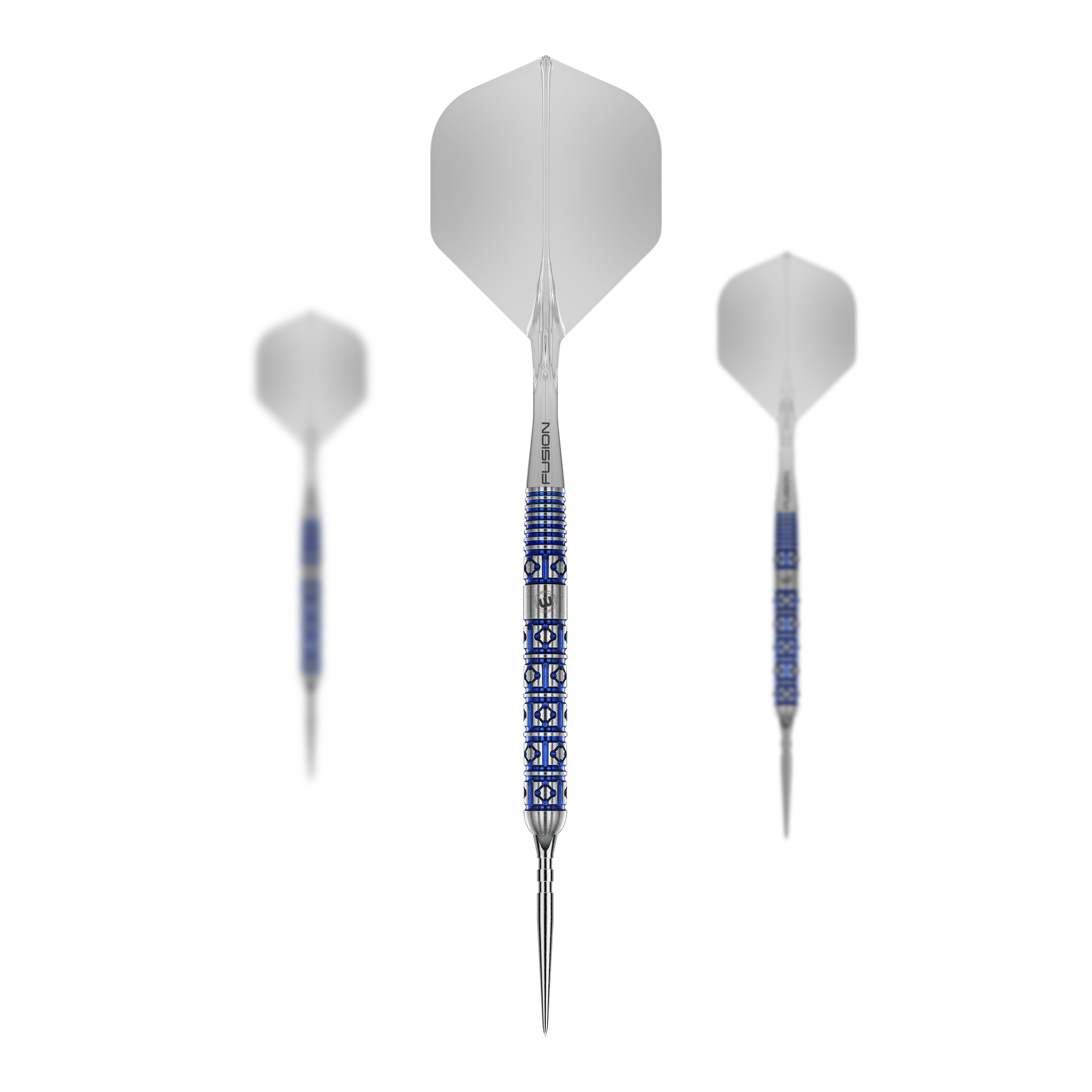Abgebildet ist ein Set der Winmau Lunaris Parallel Switch Point Steeldarts. Mehrere Darts sind zusammen als Set angeordnet.