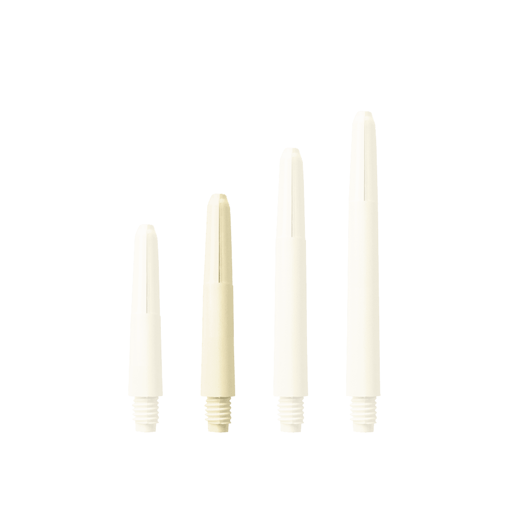 576_Nylon_Shafts_Naturweiss_35mm_16vLmlVYycmdMo Das Bild zeigt vier Nylon-Schäfte in naturweißer Farbe, die in verschiedenen Längen angeordnet sind. Sie besitzen ein Schraubgewinde am unteren Ende.