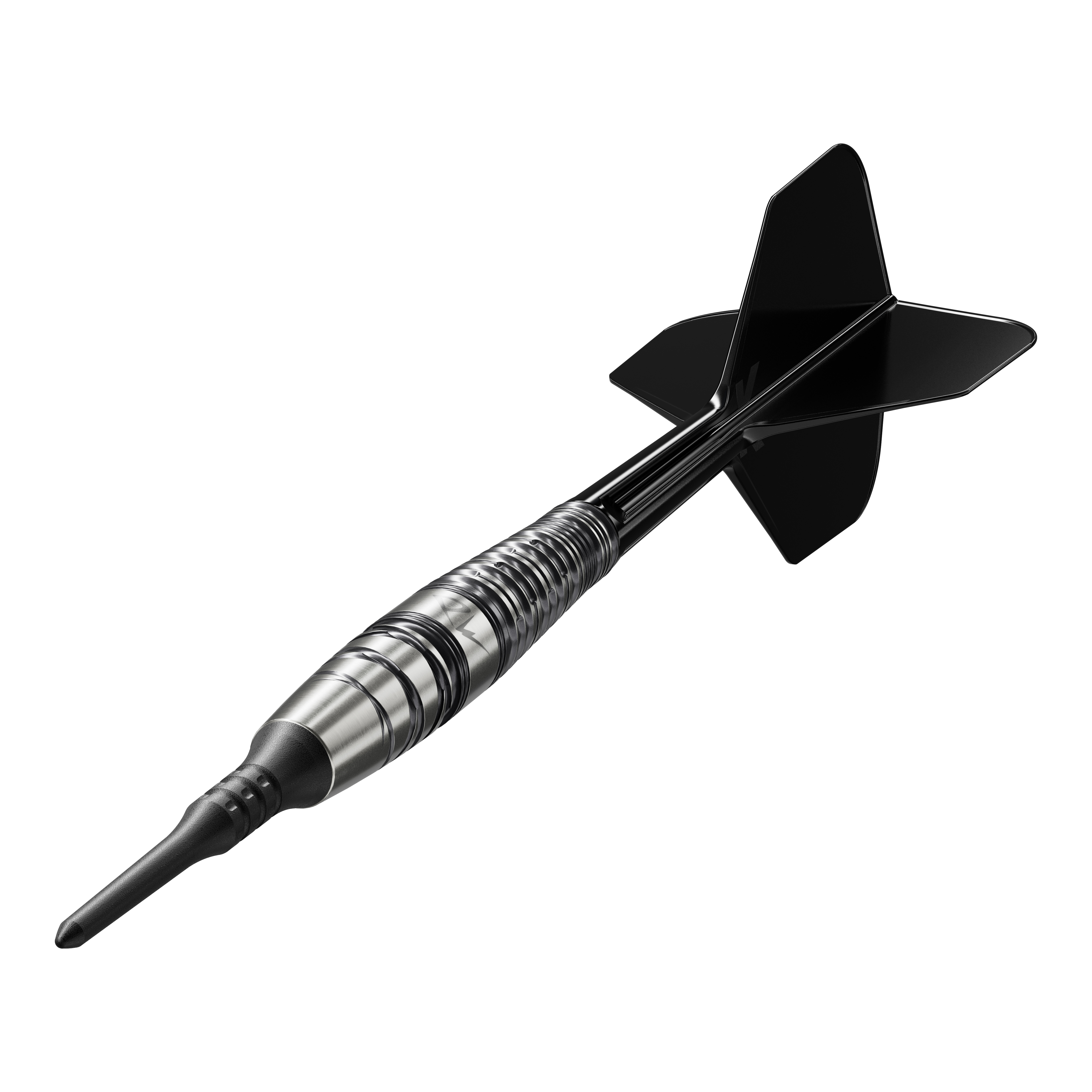 Das Bild zeigt einen Target Japan Black Marque PW 2 Softdart mit einem Gewicht von 18g. Der Dart hat ein silber-schwarzes Design mit schwarzen Flights und Spitze.