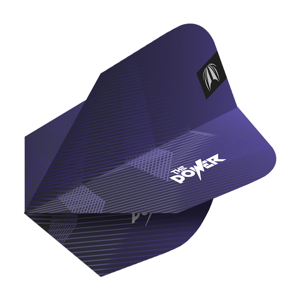 Das Bild zeigt ein Set von lila Dart-Flights mit dem Aufdruck "The Power". Es handelt sich um die Target Pro Ultra Phil Taylor Power GEN10 Ten-X Flights.