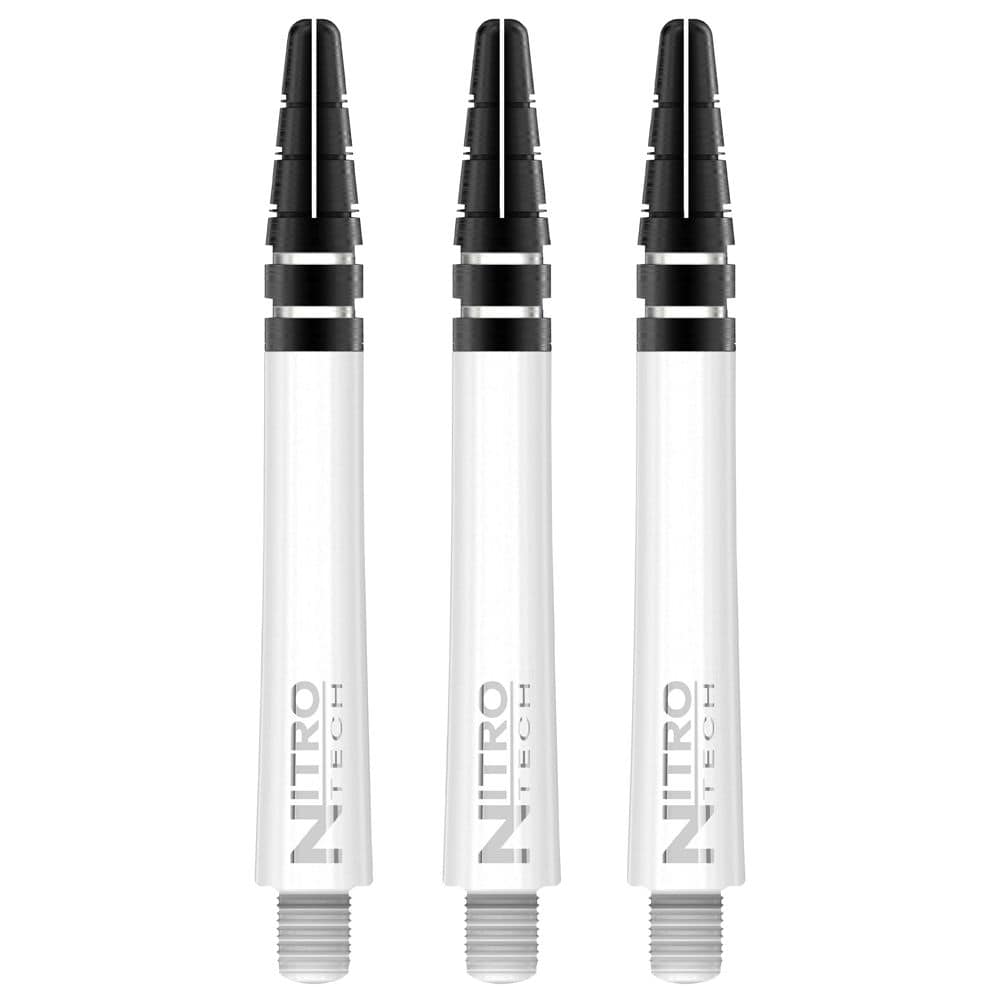 Das Bild zeigt drei weiße RedDragon Nitrotech Shafts für Dartpfeile. Die Schäfte haben einen schwarzen oberen Teil und das Logo "NITRO TECH" ist aufgedruckt.
