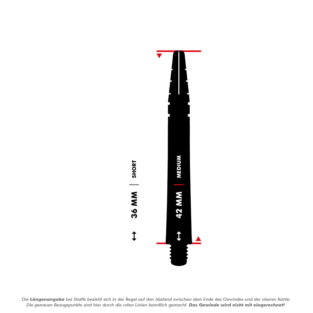 RDS440_Red_Dragon_Nitrotech_Shafts_5_42mmTdO9hrGFgClmE Das Bild zeigt den Red Dragon Nitrotech Shaft in der Farbe Schwarz-Gold. Es werden die Längen der "Short" (36 mm) und "Medium" (42 mm) Ausführungen dargestellt.