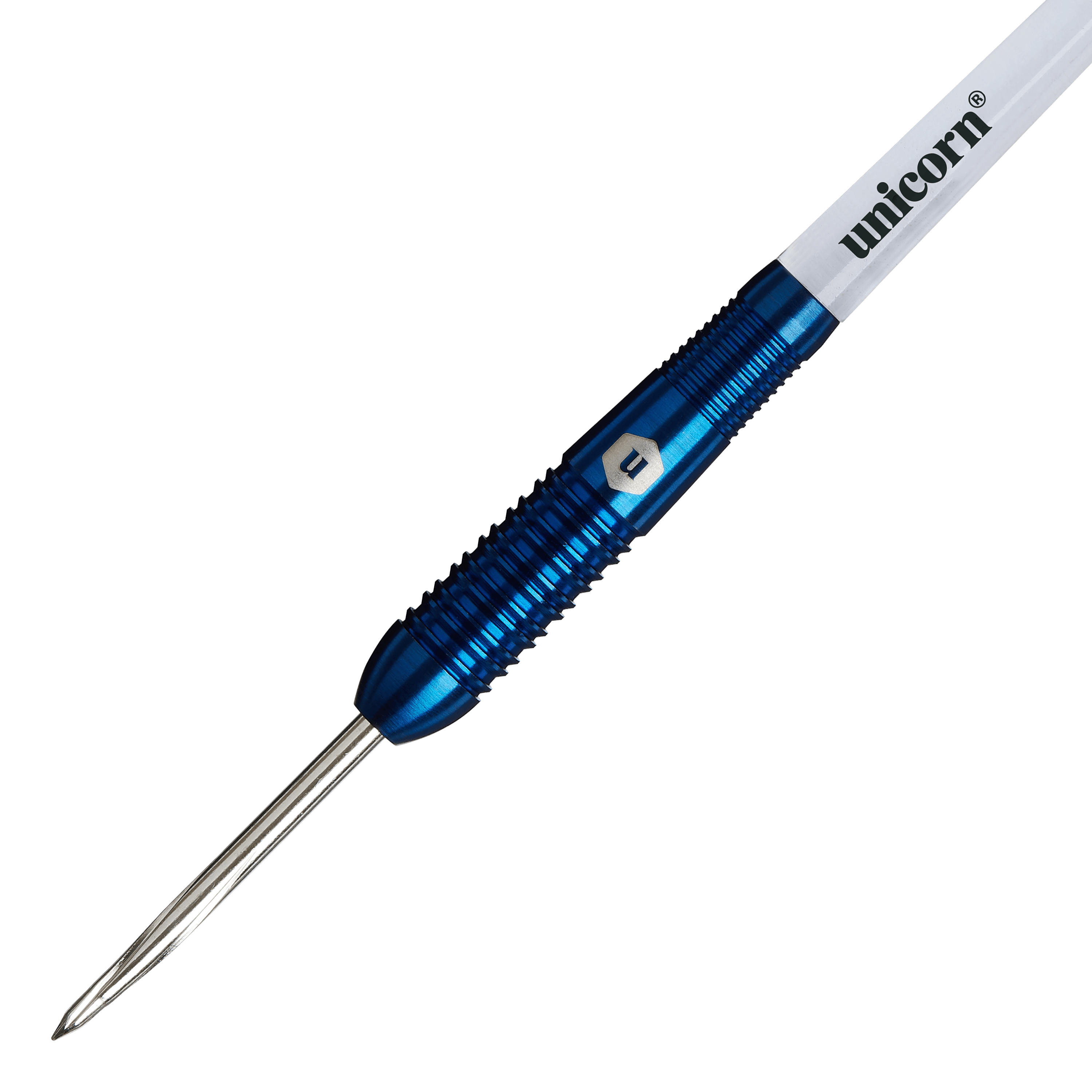 Šipky Unicorn Prodigy 02 Torpedo steel Das Bild zeigt den Unicorn Prodigy 02 Torpedo Steeldart mit einem blauen, geriffelten Schaft. Auf dem weißen Schaftabschnitt steht der Schriftzug "unicorn".
