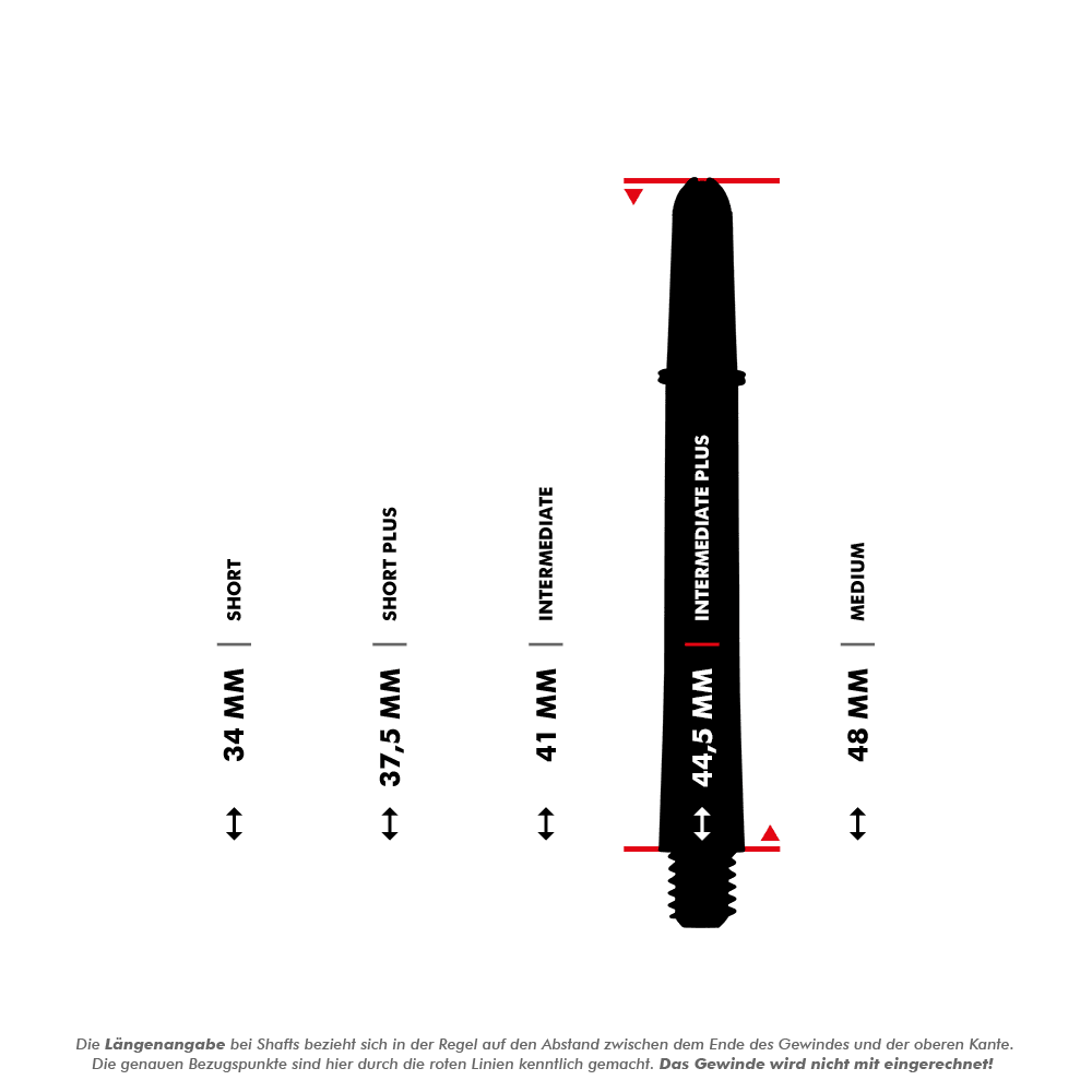 110180_Target_Pro_Grip_Shafts_5_445mm_5Varianten Das Bild zeigt fünf verschiedene Längen von Target Pro Grip Shafts, die von 34 mm bis 48 mm reichen. Die Längenvarianten sind Short, Short Plus, Intermediate, Intermediate Plus und Medium.