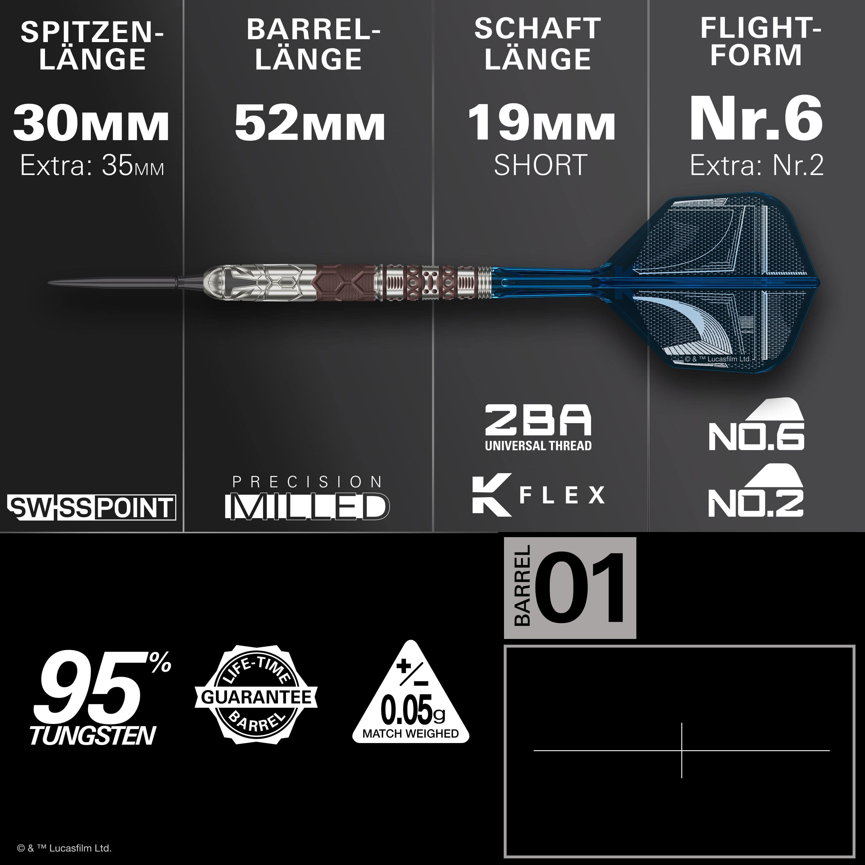 Zu sehen ist das Produkt Target Star Wars Mandalorian 95 Swiss Point Steeldarts. Die Abbildung hebt das einzigartige Design dieser Dartpfeile hervor.