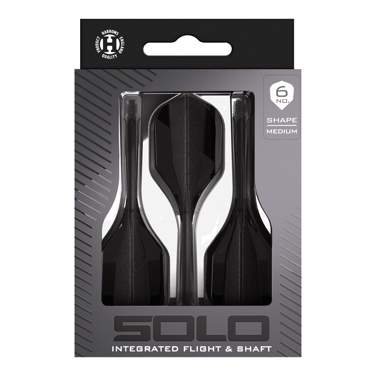 Harrows Solo No6 Flight-Shaft-System in Schwarz ist auf dem Bild zu sehen. Dieses Flight-Shaft-System eignet sich besonders für Dartspieler.