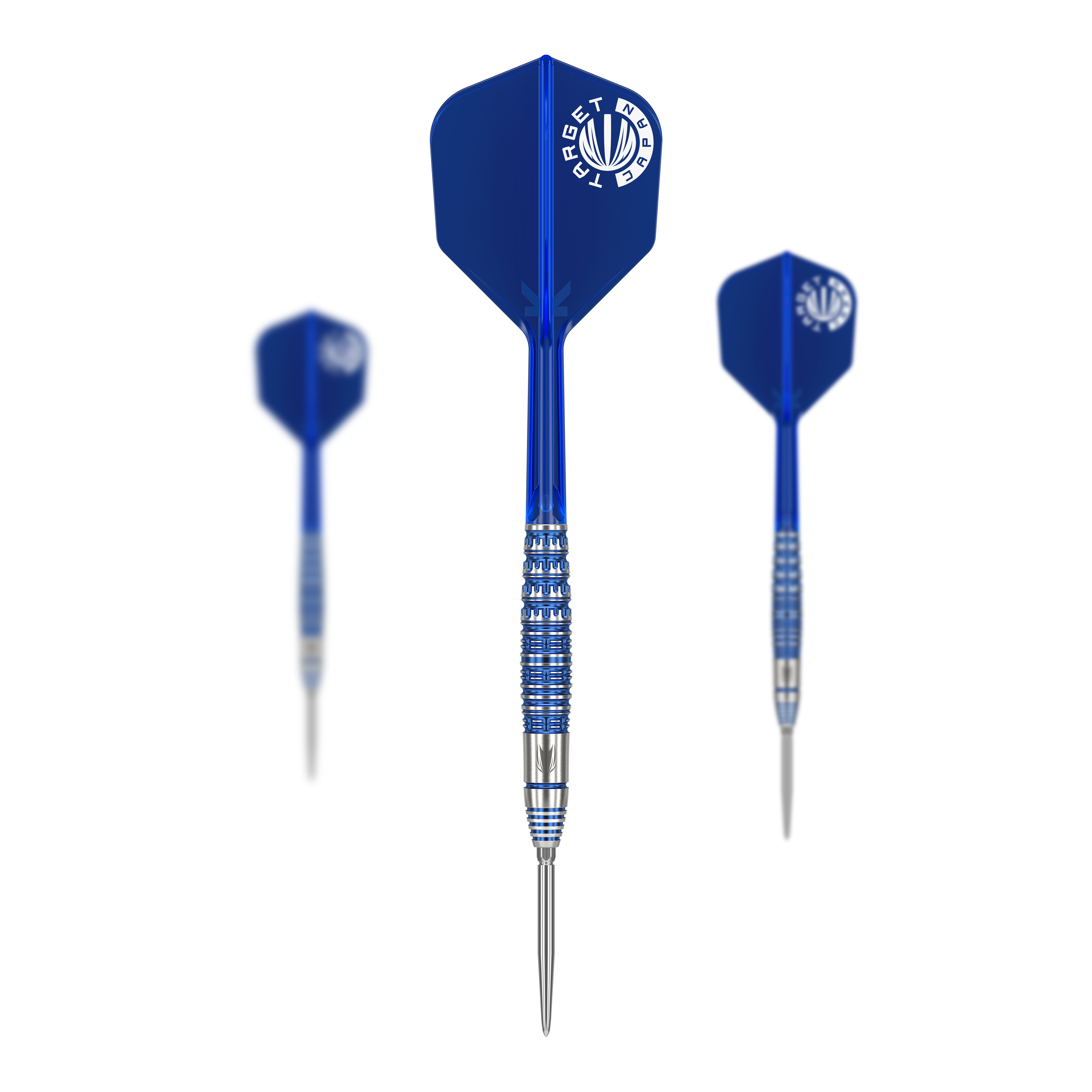 Ocelové šipky Target Japan Toru Suzuki Sereno GEN1 Swiss Point - 21g Das Bild zeigt drei Steeldarts mit blauen Flügeln und silber-blauen Schäften. Es handelt sich um das Produkt "Target Japan Toru Suzuki Sereno GEN1 Swiss Point Steeldarts - 21g".