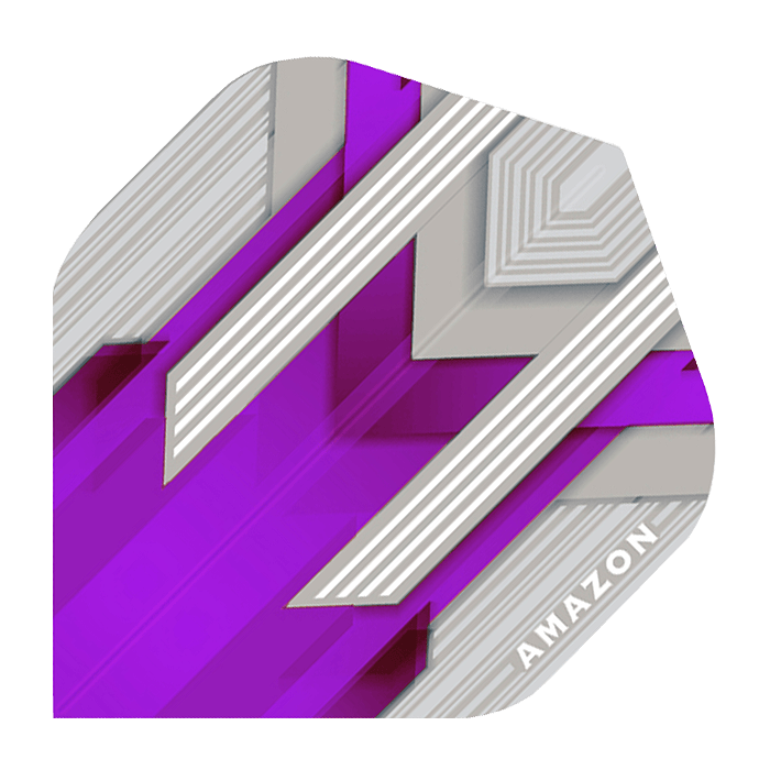 A-30-Amazon-Silver-No2-Purple-FlightsDj79WpttHJtQg Das Bild zeigt ein Dartflight mit dem Produktnamen "Amazon Silver No.2 Purple Flights". Das Flight hat ein modernes Design in Silber und Lila mit weißen Linien und dem weißen Schriftzug "Amazon" in der Ecke.
