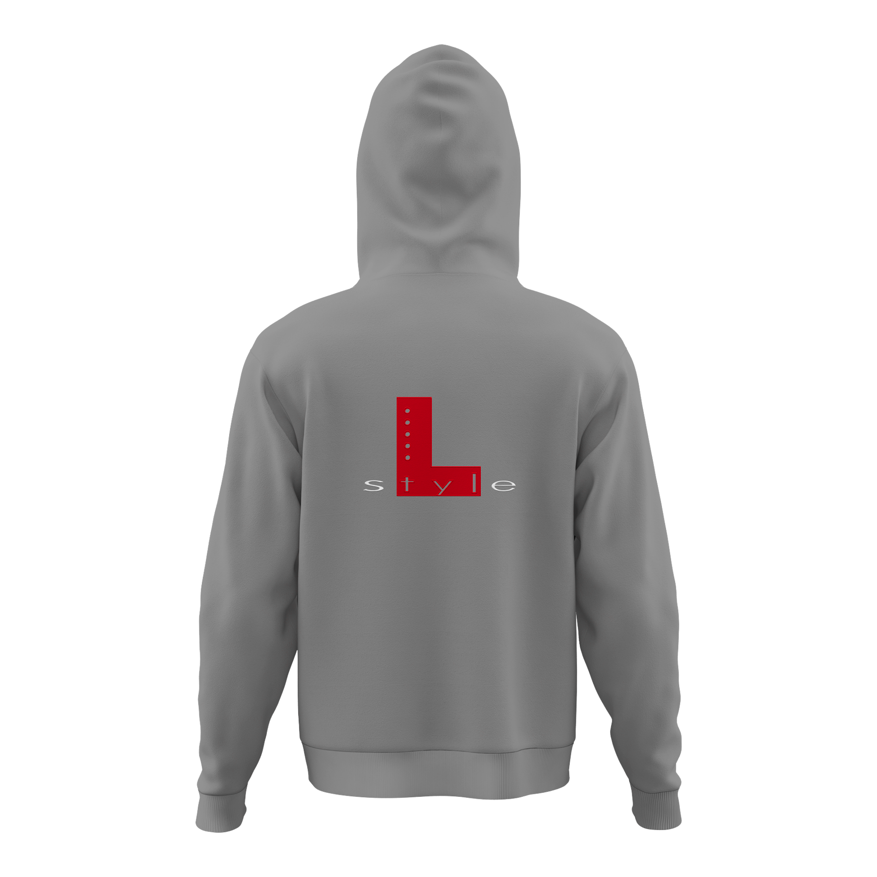 Mikina ve stylu L – šedá Der Hoodie ist grau und hat auf der Rückseite ein großes rotes "L" mit dem Wort "style" darunter. Das Design ist schlicht und modern gehalten.