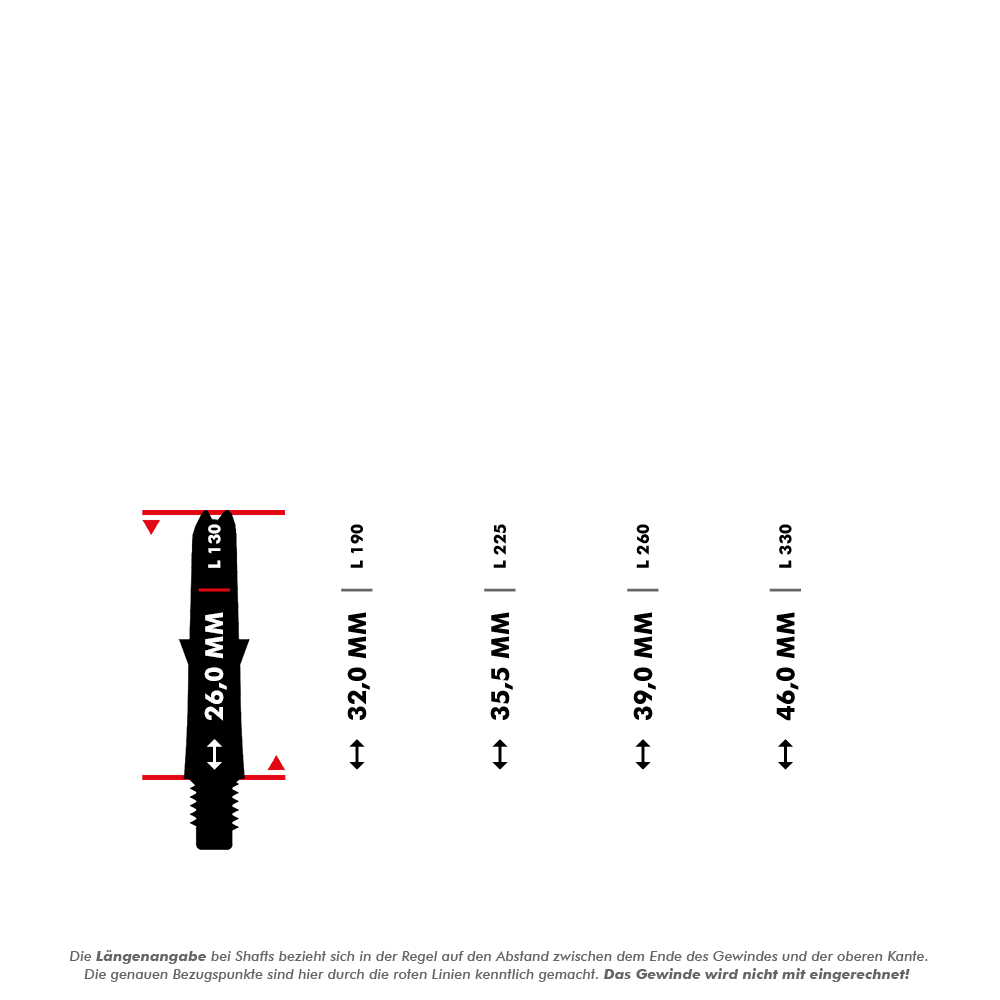 Karbonové hřídele ve stylu L Das Bild zeigt verschiedene Längen von L-Style L-Shaft Carbon Schäften ohne Kappen, jeweils in Millimetern angegeben. Die rote Linie markiert den Messbereich von jedem Schaft, wobei das Gewinde nicht mit eingerechnet wird.
