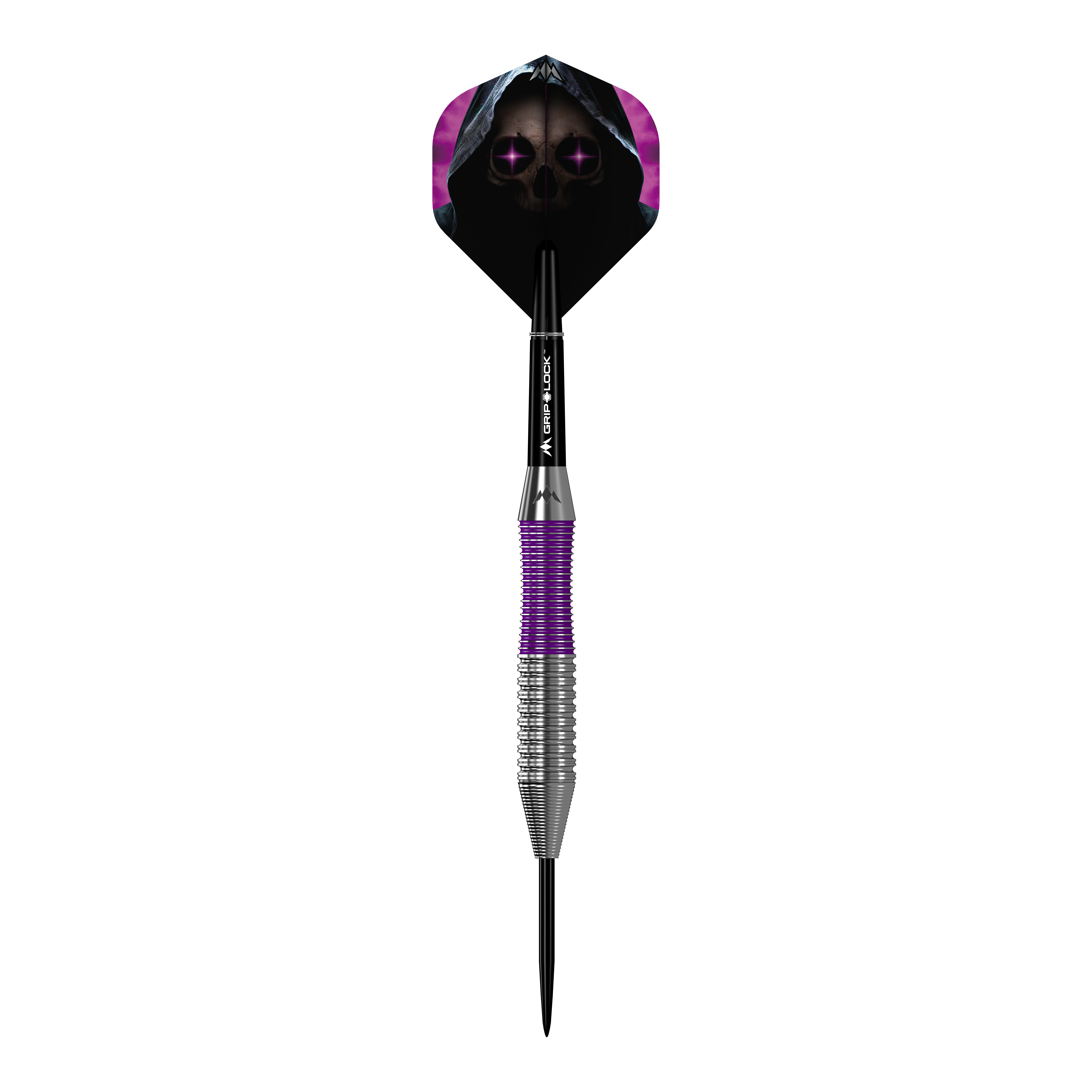 Šipky Mission Phantom Brass Steel - 22g Das Bild zeigt den Mission Phantom Brass Steeldart mit einem Gewicht von 22 Gramm. Der Dart hat ein auffälliges Design mit violetten und silbernen Elementen sowie einer Flight-Grafik eines Totenkopfs mit Kapuze.