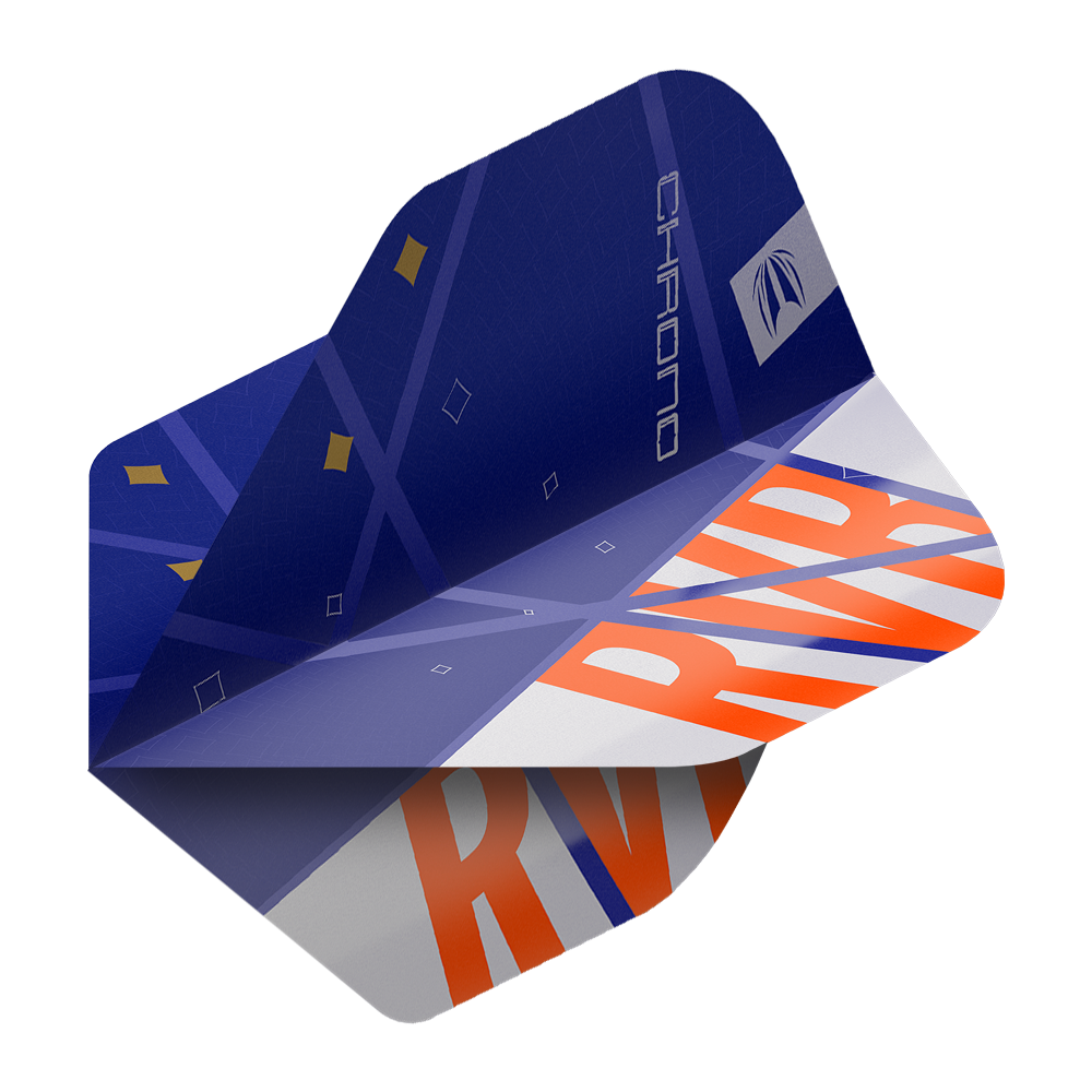 Das Bild zeigt ein Dartflight-Set aus der Serie "Target Pro Ultra Raymond Van Barneveld Chrono No2 Standard Flights". Das Flight ist vorwiegend blau mit orangefarbenen Buchstaben "RVB" und dekorativen Elementen.