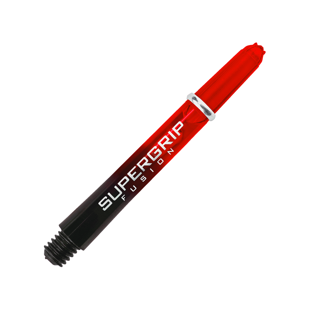 HR343_Harrows_Supergrip_Fusion_Shafts_Rot_40mm_2XFk51sbI9cjN5 Das Bild zeigt einen Harrows Supergrip Fusion Shaft in Rot. Der Schriftzug "SUPERGRIP FUSION" ist deutlich auf dem Produkt zu sehen.