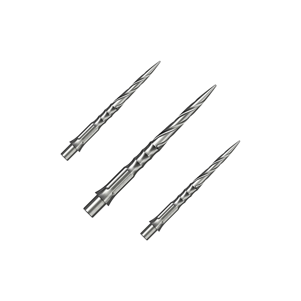 Das Bild zeigt ein Set von Caliburn Evo System Steeldartspitzen in Silber, 28 mm lang und mit Spiro-Design. Mehrere Spitzen sind geordnet dargestellt.