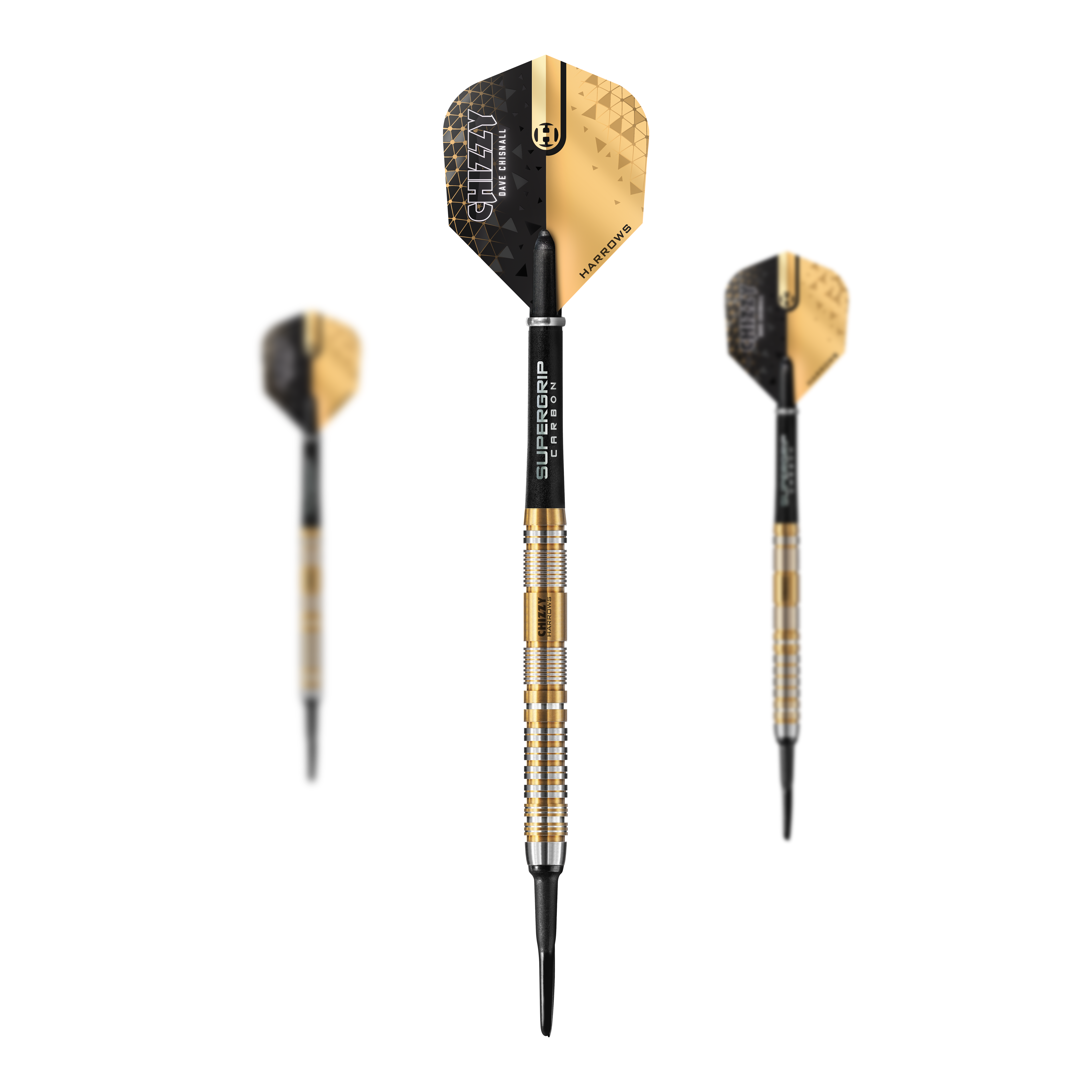 Měkké šipky Harrow's Dave Chisnall Chizzy Series 2 Das Bild zeigt drei Softdarts der Marke "Harrows Dave Chisnall Chizzy Series 2" mit gold-schwarzem Design. Die Darts haben schwarze Flights und silber-goldene Griffe mit schwarzer Spitze.