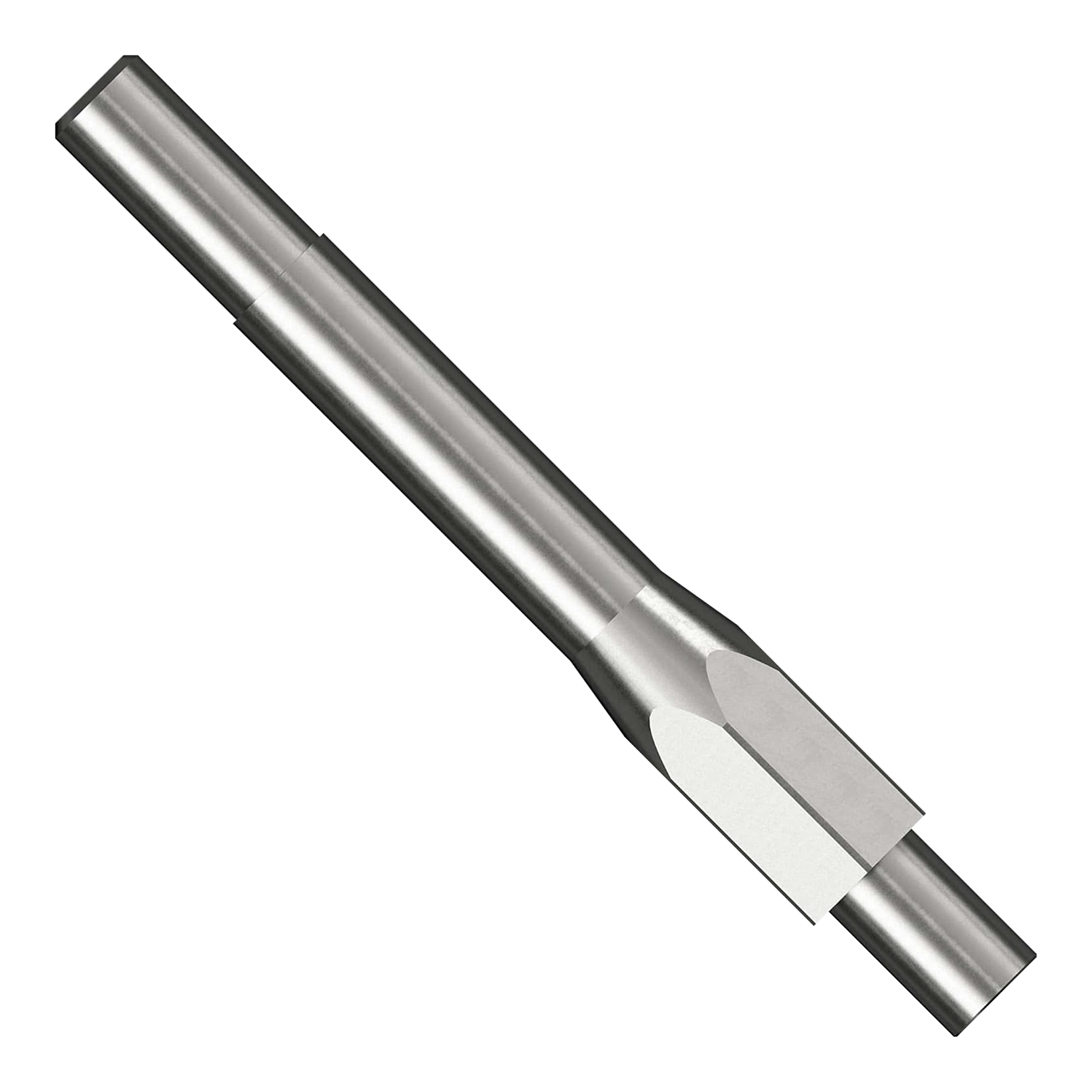 Startovací sada Caliburn Das Bild zeigt ein metallisches Werkzeug aus dem Caliburn Starter-Kit. Es ist zylindrisch geformt und besitzt abgeschliffene Flächen an einem Ende.