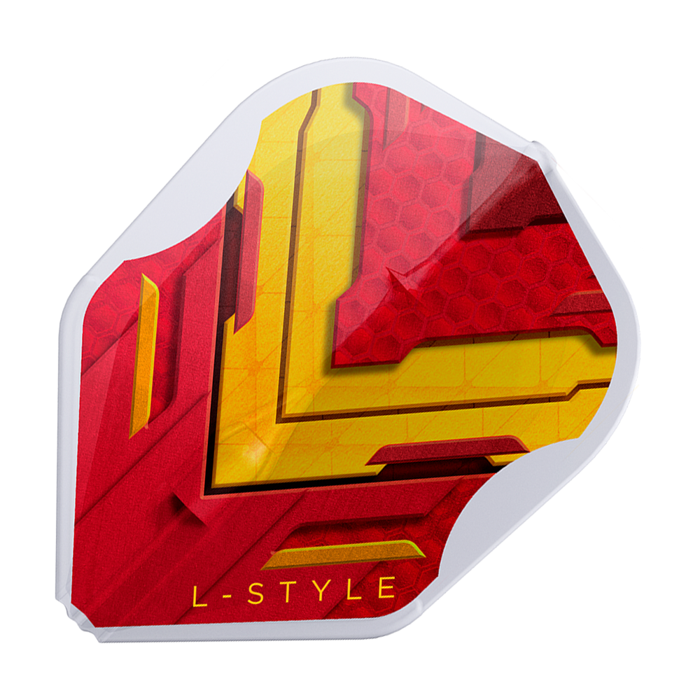 Letky L-Style V Series V1 Type A Španělsko Čirá bílá L3EZ Dies ist ein L-Style V-Series V1 Type A Spain Clear White L3EZ Flight. Das Design ist rot und gelb mit einem weißen Rand und der Aufschrift "L-STYLE".