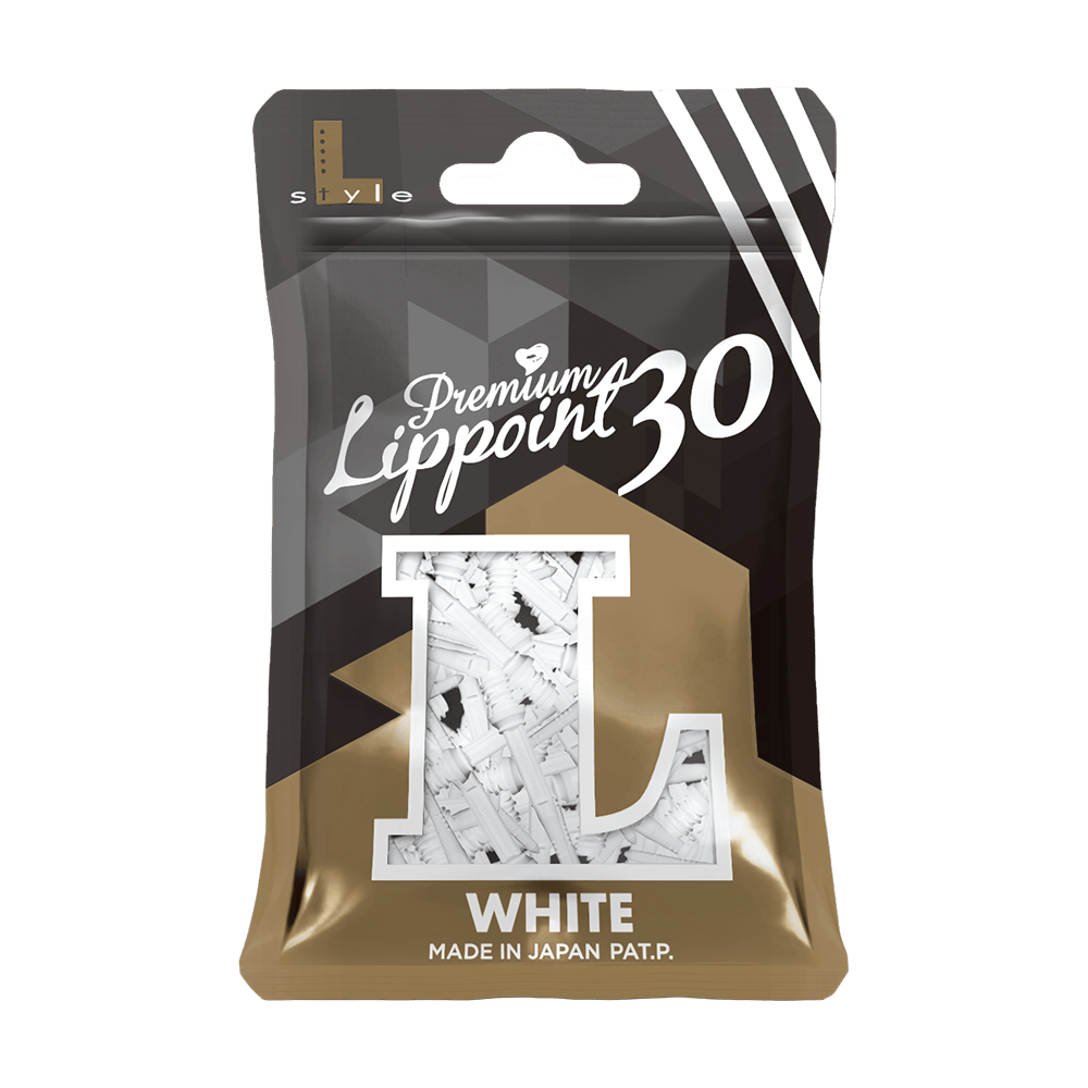 LIP43_L-Style_Premium_Lippoints_30_Softdartspitzen_30erPack_Weiss_3 Auf dem Bild ist eine Packung mit weißen Premium Lippoint Softdartspitzen zu sehen. Die Verpackung enthält 30 Stück und ist Made in Japan.