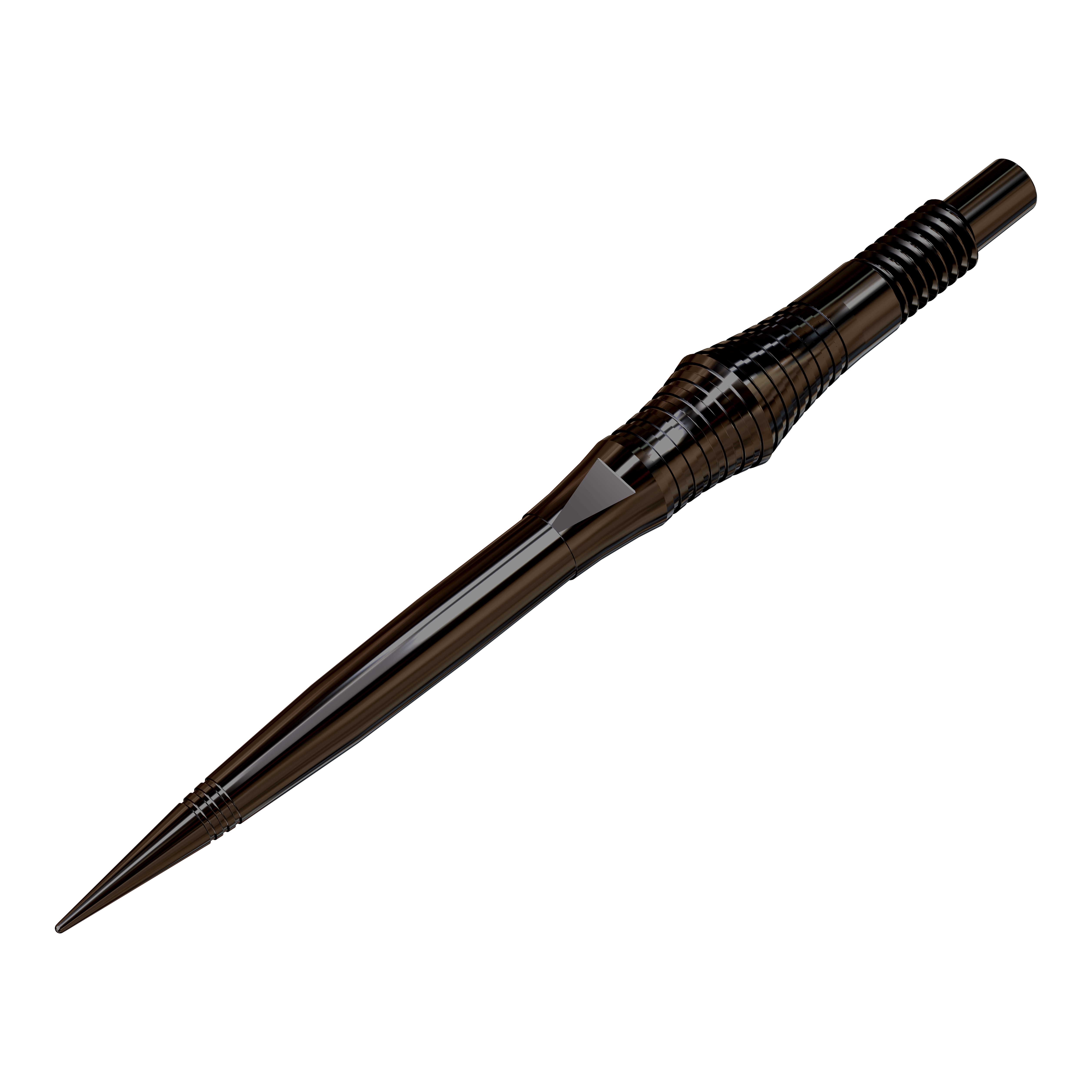 Špičky na šipky Harrows Quick Point Spire Elite Series - černé Zu sehen sind schwarze Dartspitzen, die auf einer ebenen Fläche ausgebreitet sind. Die Spitzen werden aus einer leicht schrägen Perspektive präsentiert.