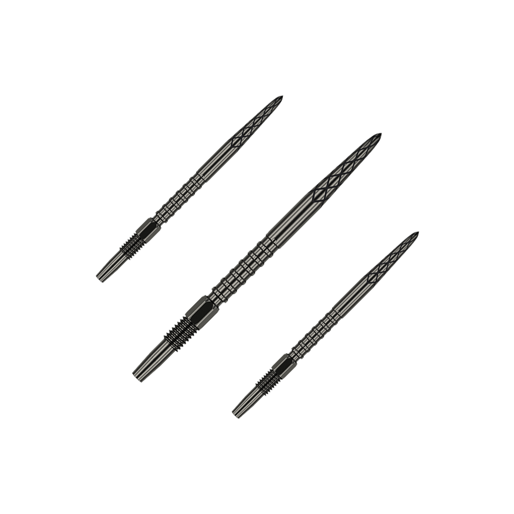 Šipkové hroty Target Swiss DS Surge Point - černé Auf dem Bild sind drei schwarze Dartspitzen zu sehen. Sie sind schlank, haben ein strukturiertes Muster und liegen nebeneinander.