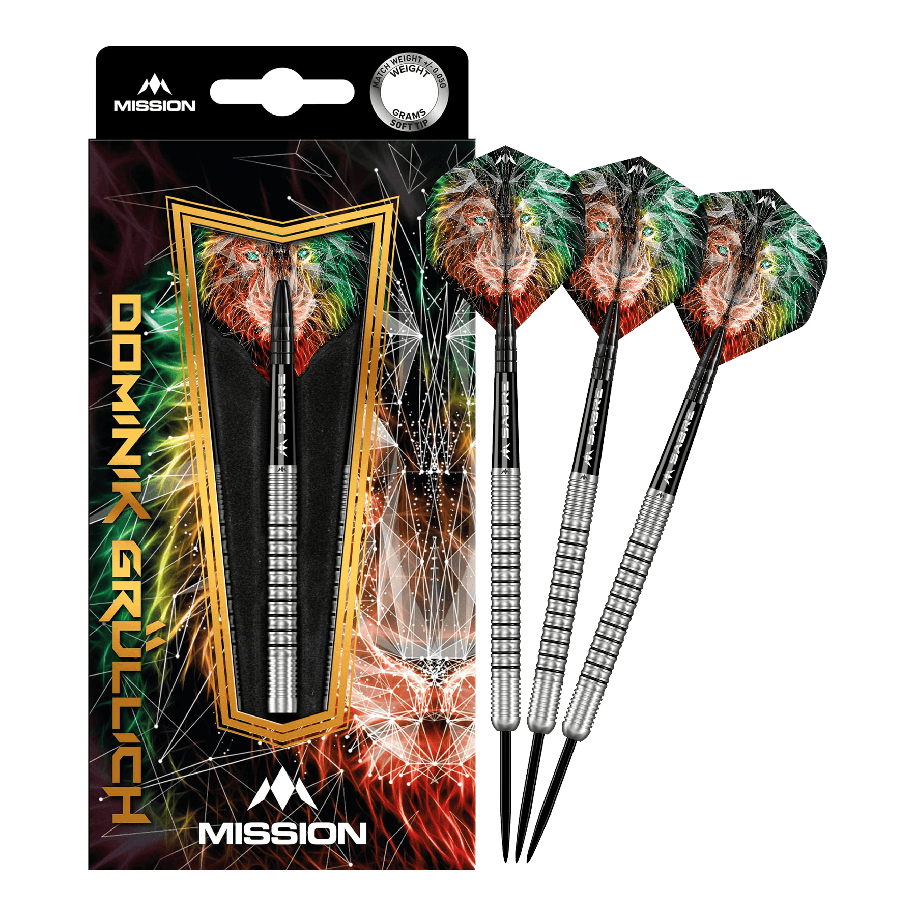 Mise Dominik Grüllich Steeldarts Das Bild zeigt das Produkt „Mission Dominik Grüllich Steeldarts - 23,5g“ mit einer farbenfrohen Verpackung und drei silbernen Darts. Die Flights der Darts sind mit einem bunten Löwenmotiv verziert.