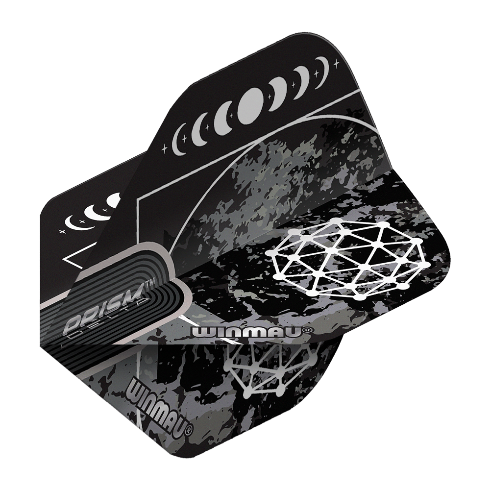 Standardní letky Winmau Prism Delta Callisto No2 Das Bild zeigt die Winmau Prism Delta Callisto No2 Standard Flights. Die Flights sind schwarz-grau gemustert und mit weißen grafischen Mondphasen und geometrischen Mustern verziert.
