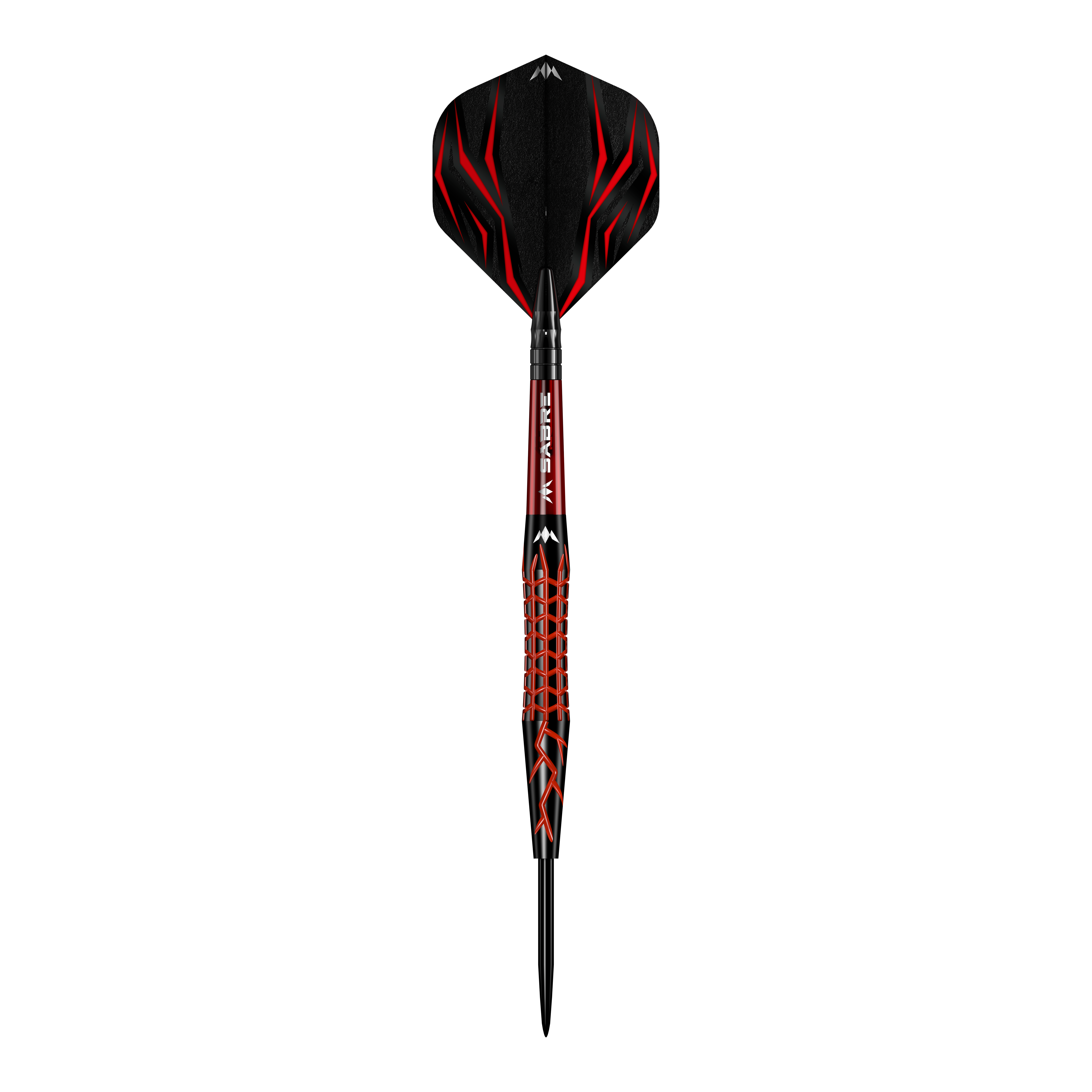 Mise Lava Steeldarts Das Bild zeigt einen Mission Lava Steeldart mit auffälligem schwarzen und roten Design. Der Dart hat eine strukturierte Oberfläche und eine spitze Metallspitze.