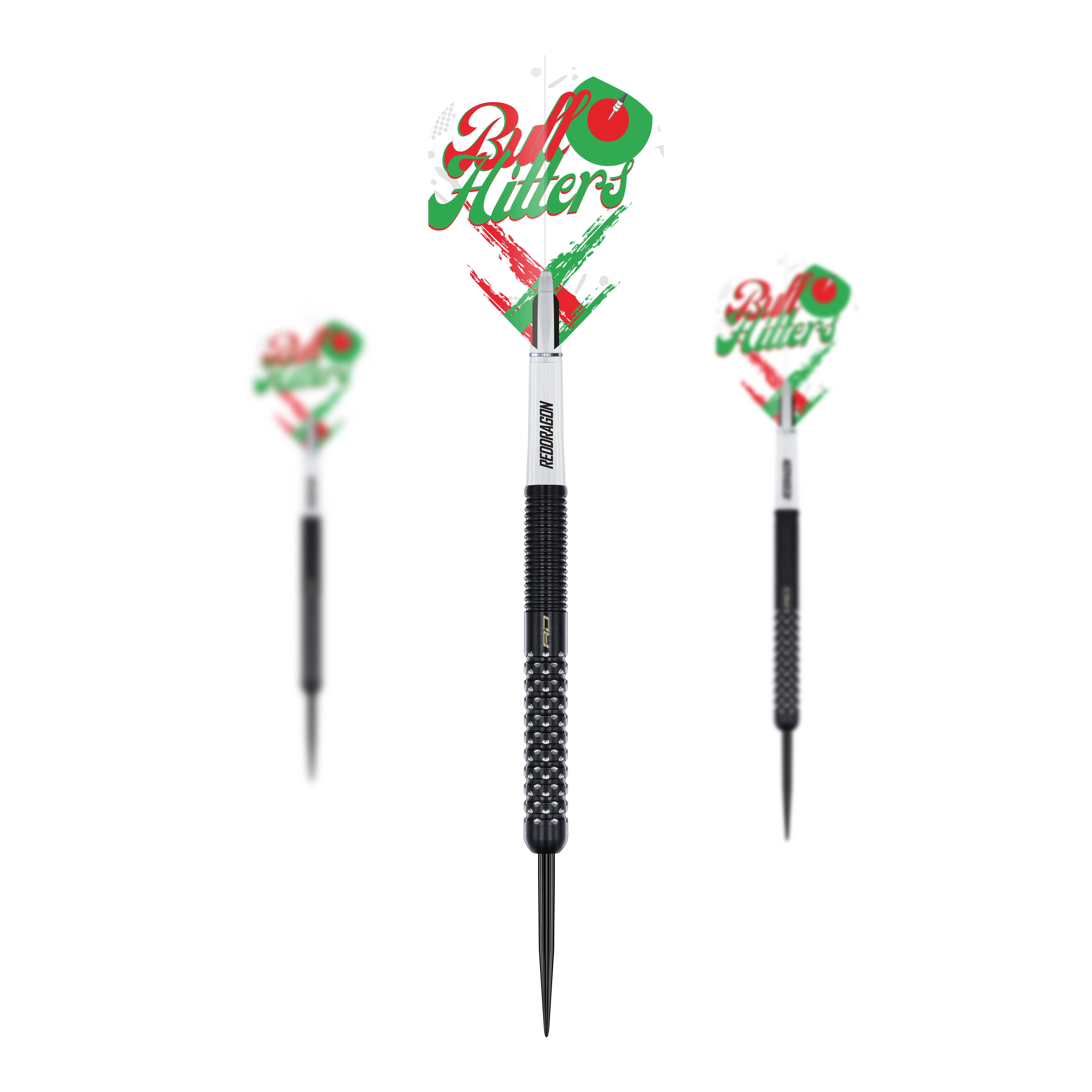 Ocelové šipky Red Dragon Bullhitters V1 - 23g Das Bild zeigt den Red Dragon Bullhitters V1 Steeldarts - 23g als Set. Es handelt sich um Steeldarts mit einem Gewicht von 23 Gramm.