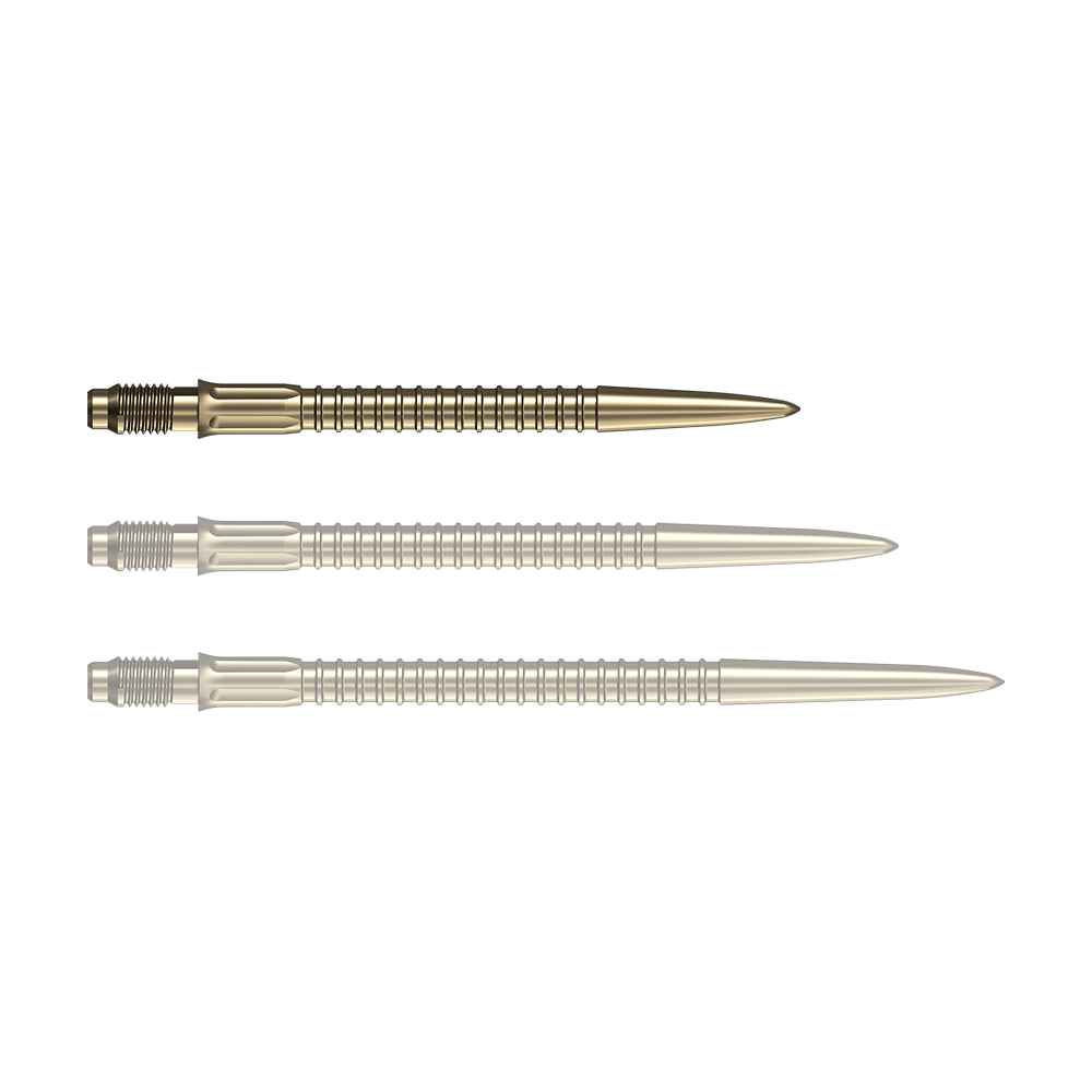 Špičky na šipky Mission R2.5 Rapid Point GV1 - zlaté Goldene Dartspitzen liegen nebeneinander auf einer weißen Fläche. Diese Spitzen eignen sich für das Dartspiel.