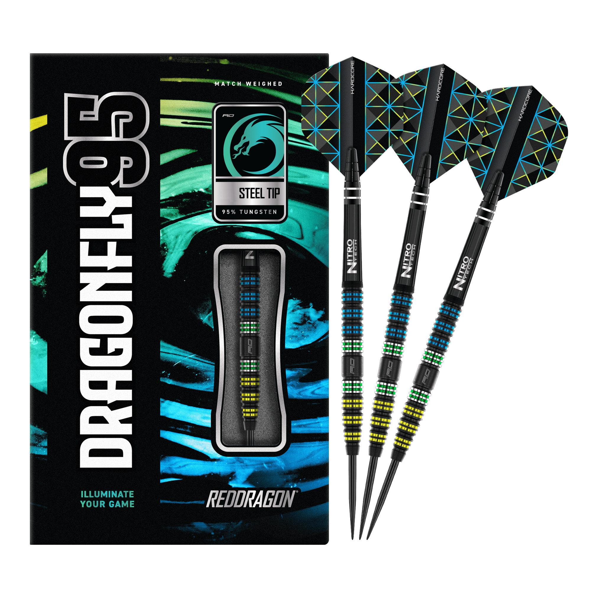 Šipky Red Dragon Dragon 95 černé, zúžené, ocelové Die Abbildung zeigt das Produkt "Red Dragon Dragonfly 95 Black Tapered Steeldarts" mit moderner, bunter Verpackung. Drei schwarze Steeldarts mit farbigen Akzenten und speziellen Flights sind daneben zu sehen.