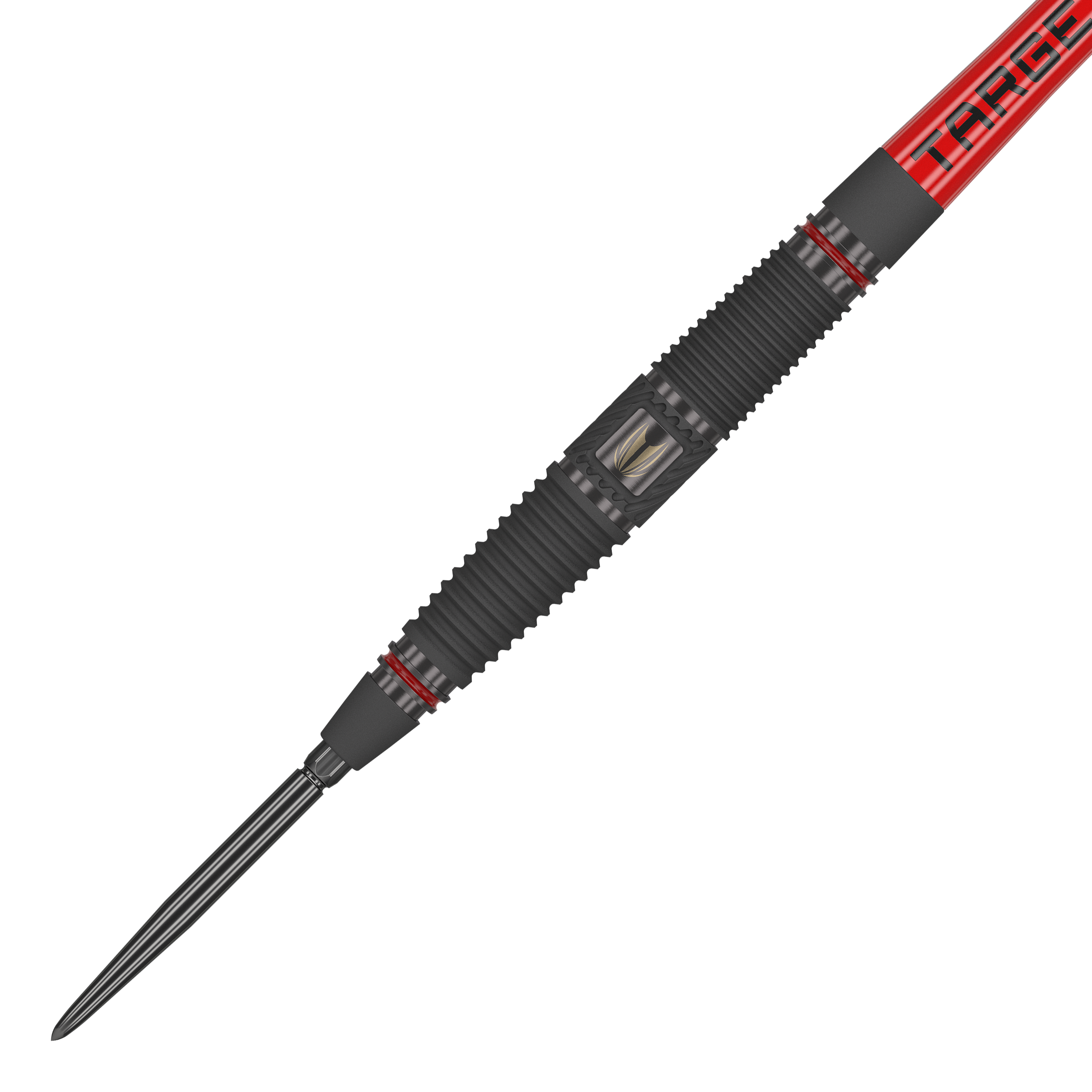 Ocelové šipky Target Scope 04 Swiss Point Das Bild zeigt einen Target Scope 04 Swiss Point Steeldart. Der Dart hat ein schwarzes, geriffeltes Griffstück mit roten Akzenten und einer silbernen Spitze.