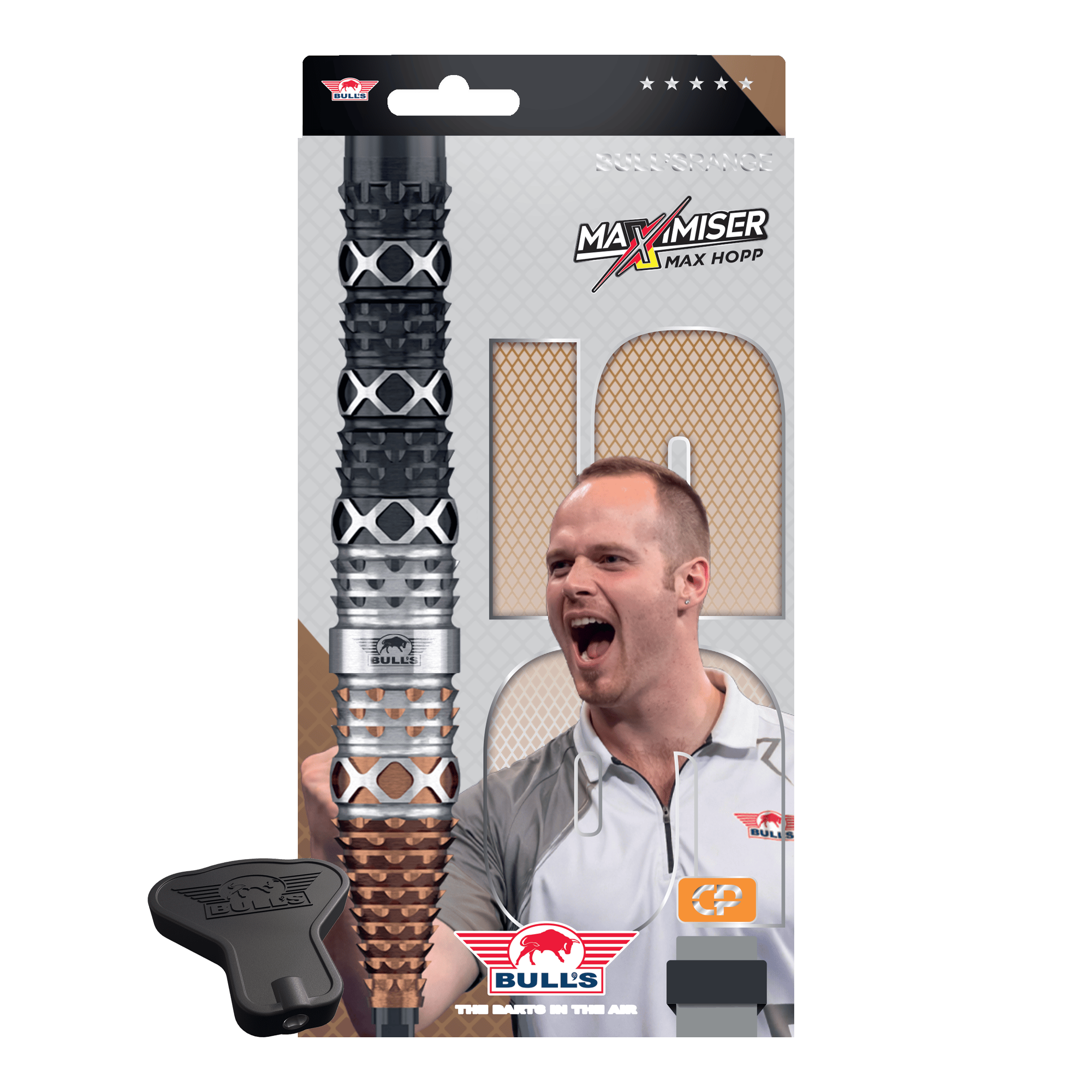Bulls NL Max Hopp 95% konvertibilní body Steeldarts Abbildung der Bulls NL Max Hopp 95% Convertible Points Steeldarts. Die Darts sind detailreich gezeigt und richten sich an Dart-Enthusiasten.