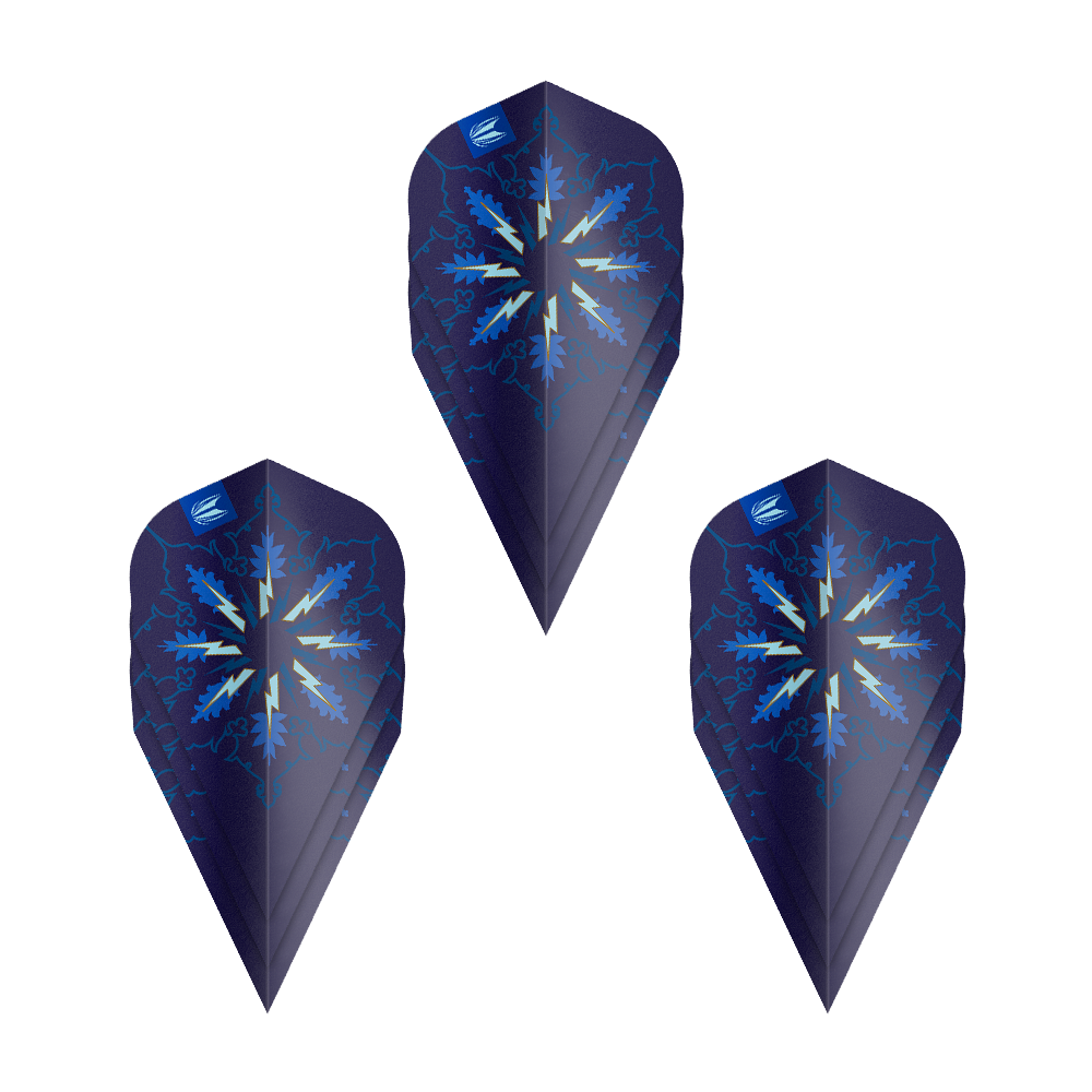 Target ProUltra Phil Taylor Power Gx2 Vapor Flights - 3 Sets werden gezeigt. Das Bild zeigt die Besonderheiten und das Design dieses Dart Flights Sets.