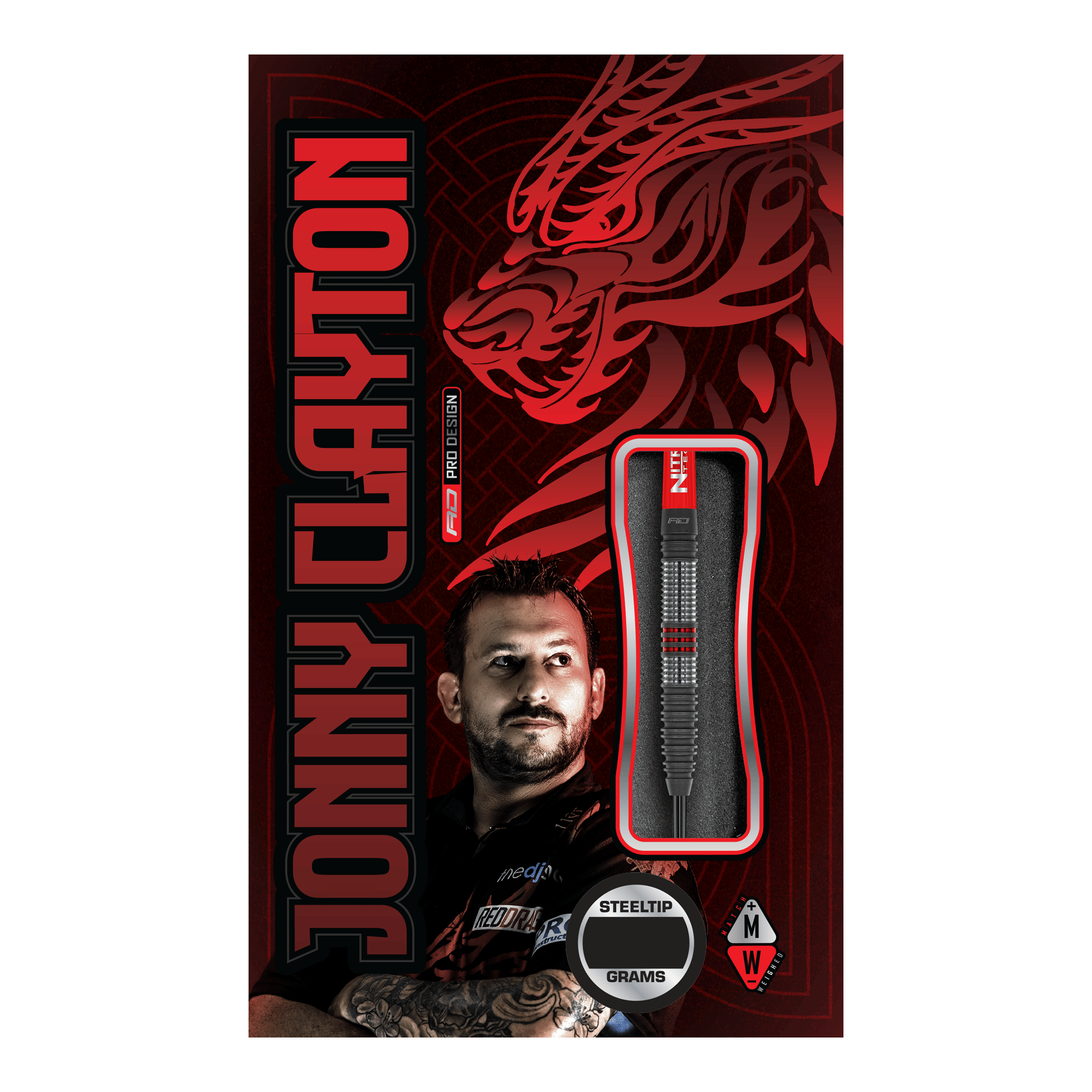 Ocelové šipky Red Dragon Jonny Clayton Hiraeth Die Abbildung zeigt die Verpackung der "Red Dragon Jonny Clayton Hiraeth Steeldarts". Auf der Verpackung sind ein Porträt von Jonny Clayton sowie ein stilisierter roter Drache abgebildet.